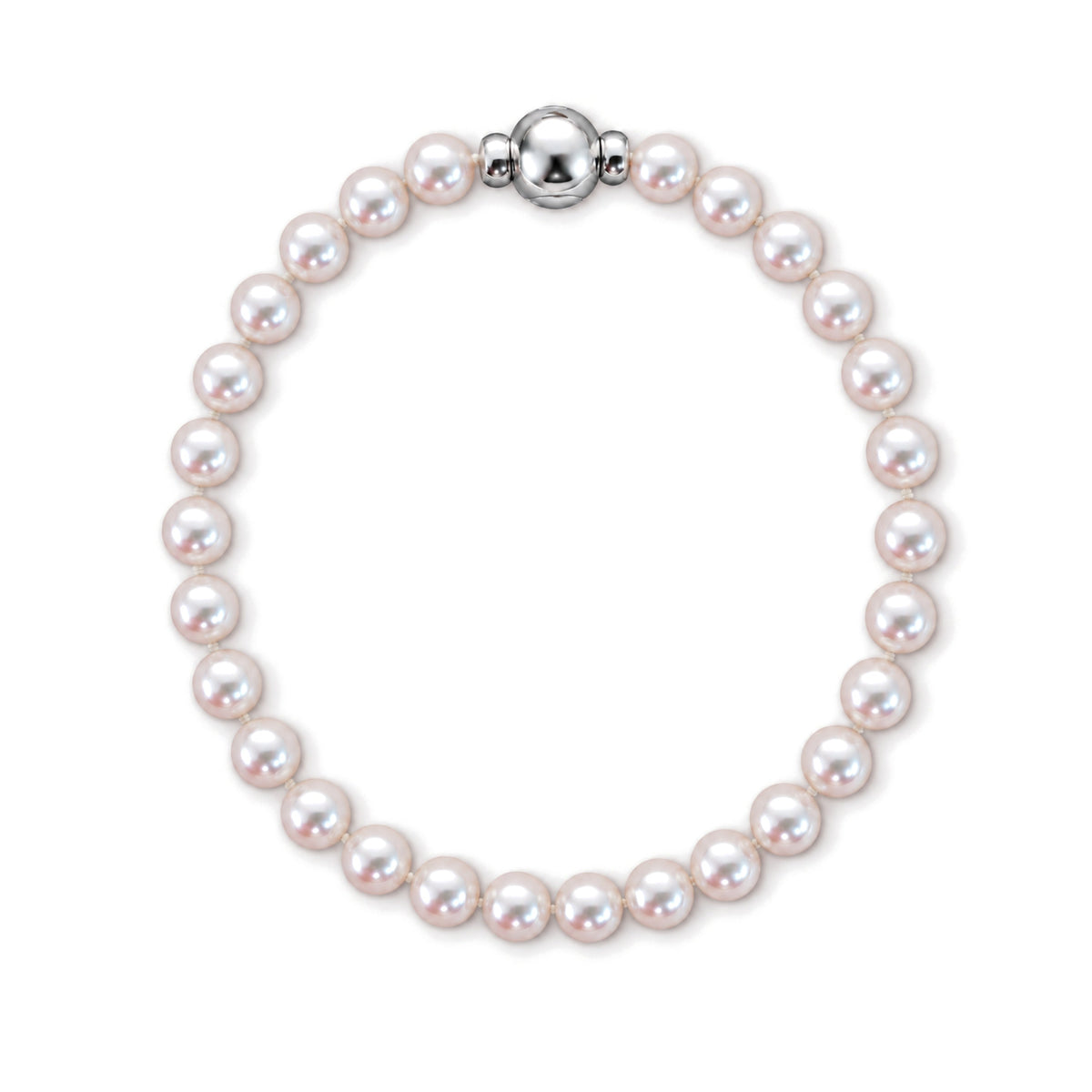 Bracciale perle Akoya bianche 6-6,5 mm con chiusura sferica MIMÍ in argento 925, vista dall'alto su fondo bianco