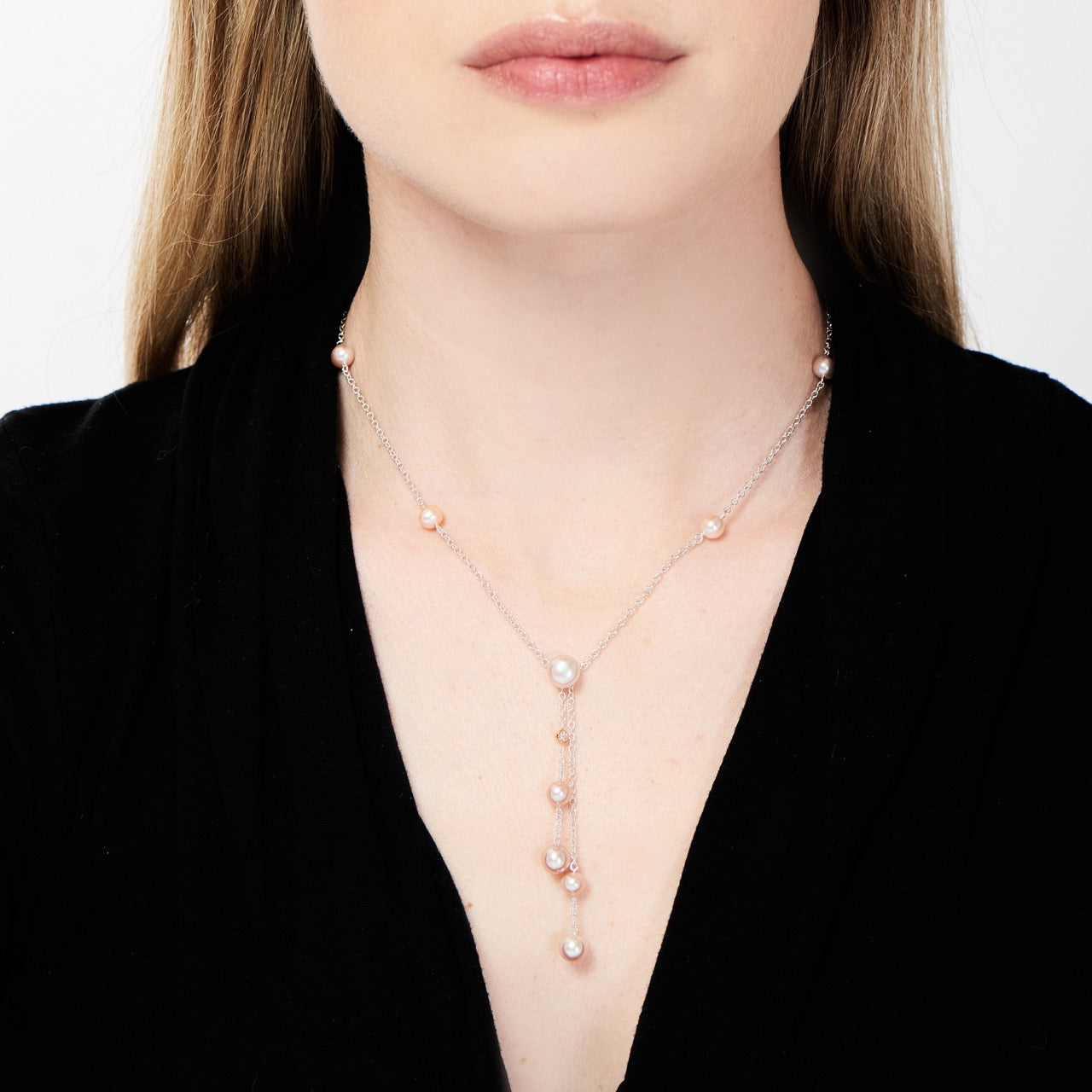 MIMI Collana Nagai a Doppia Y in Argento e Oro Rosa con Perle Viola