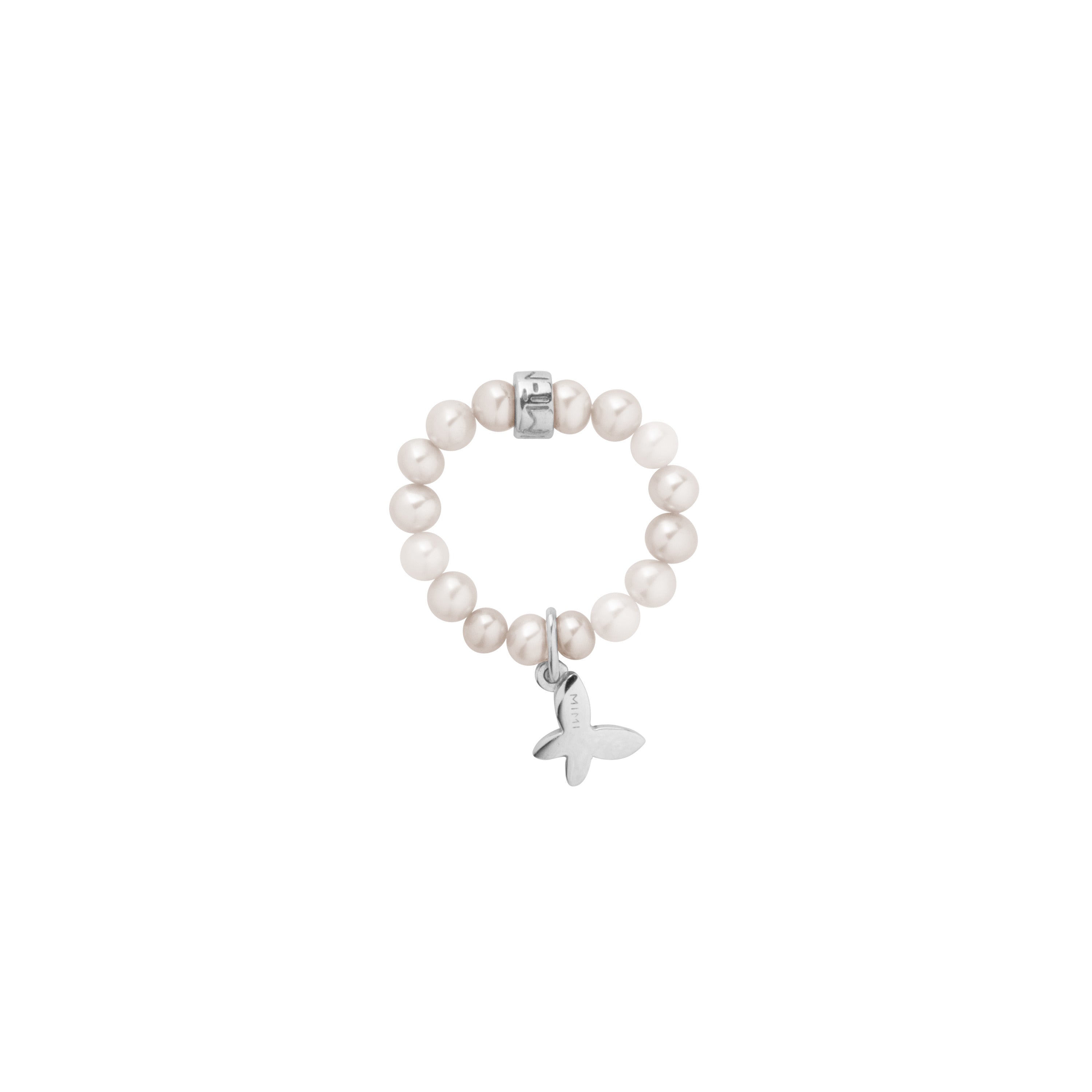 MIMI Anello Elastica con perle rosa e charm farfalla Bianco