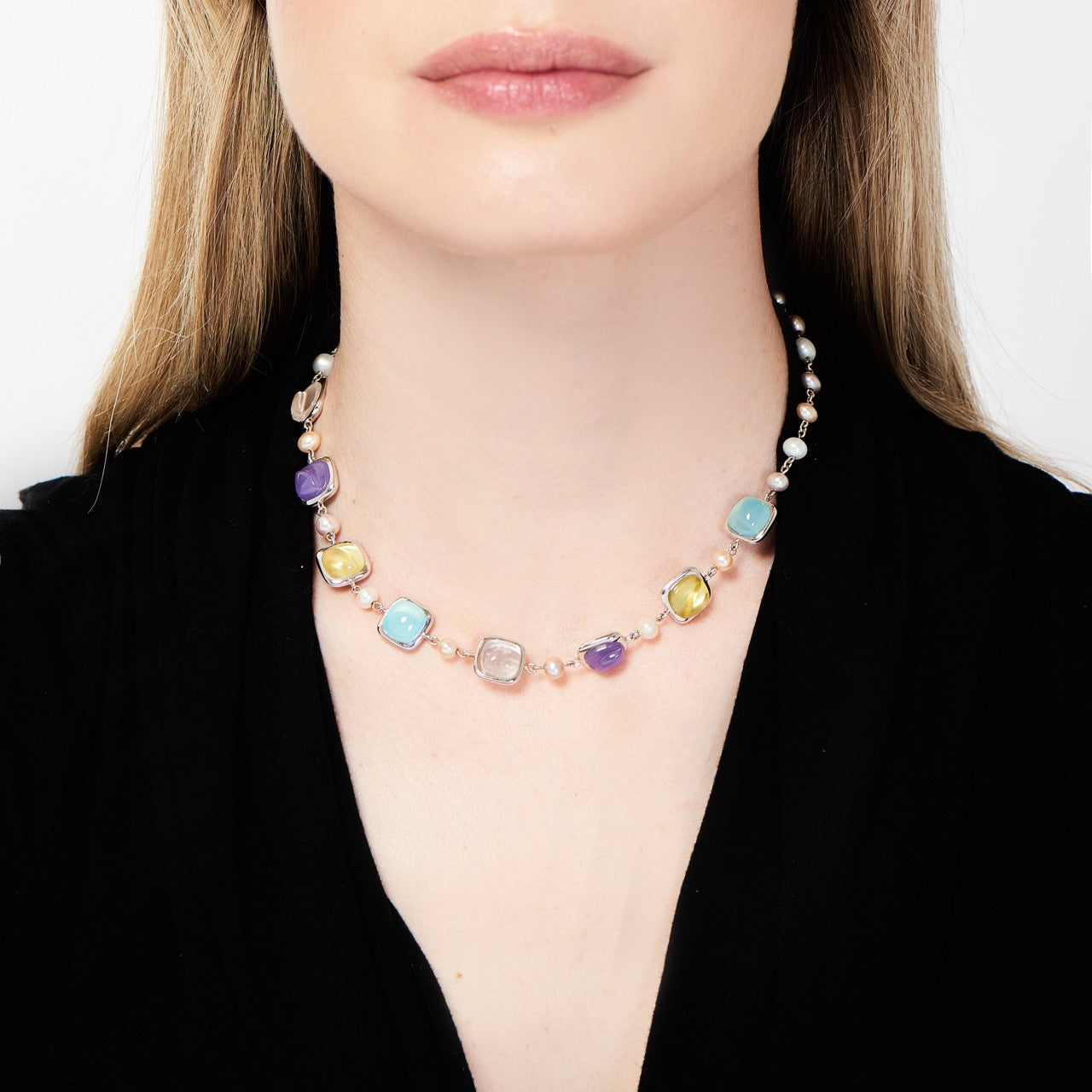MIMI Collana Dune in Argento e pietre colorate e perle freshwater