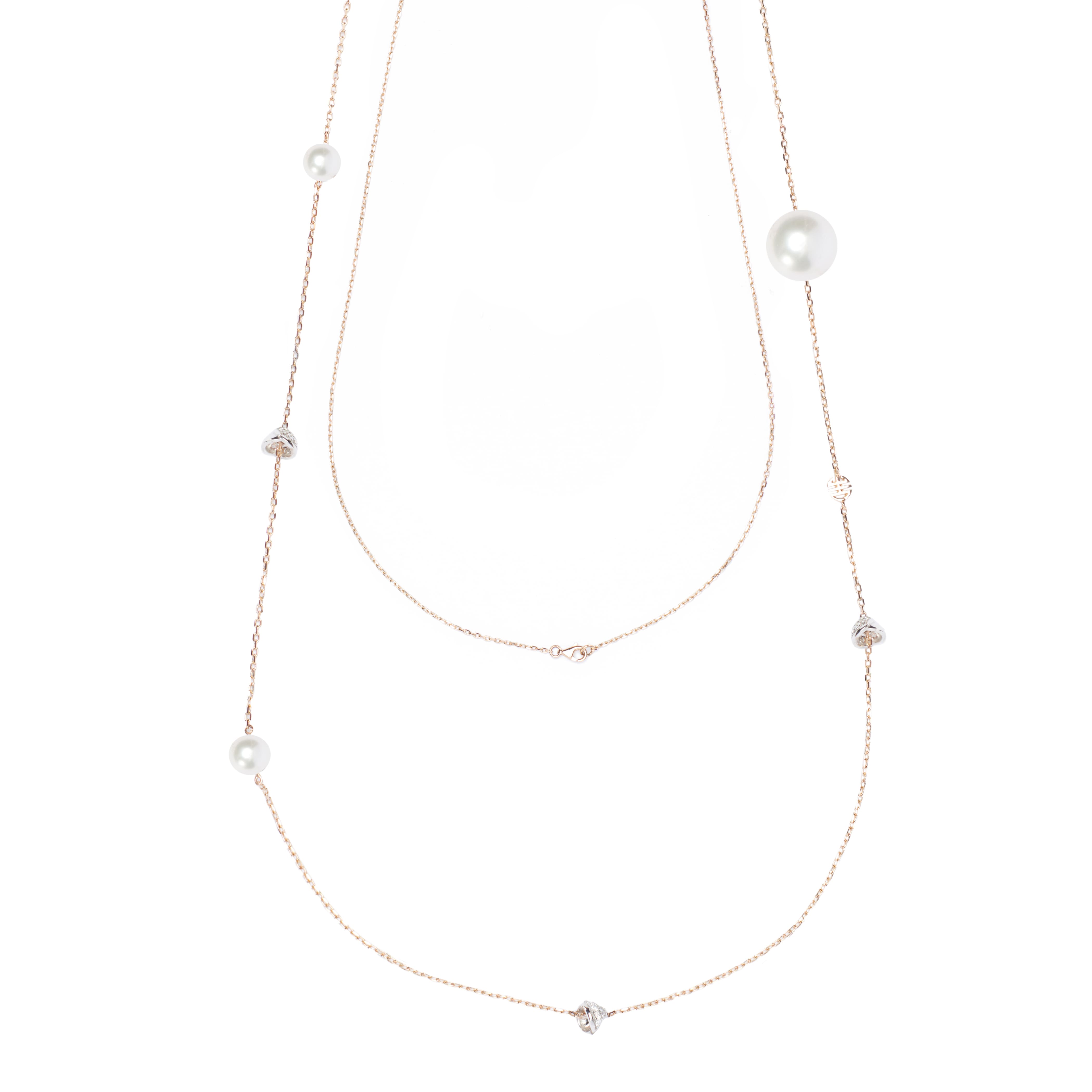 MIMI Collana Abbracci lunga con perle freshwater bianche e diamanti