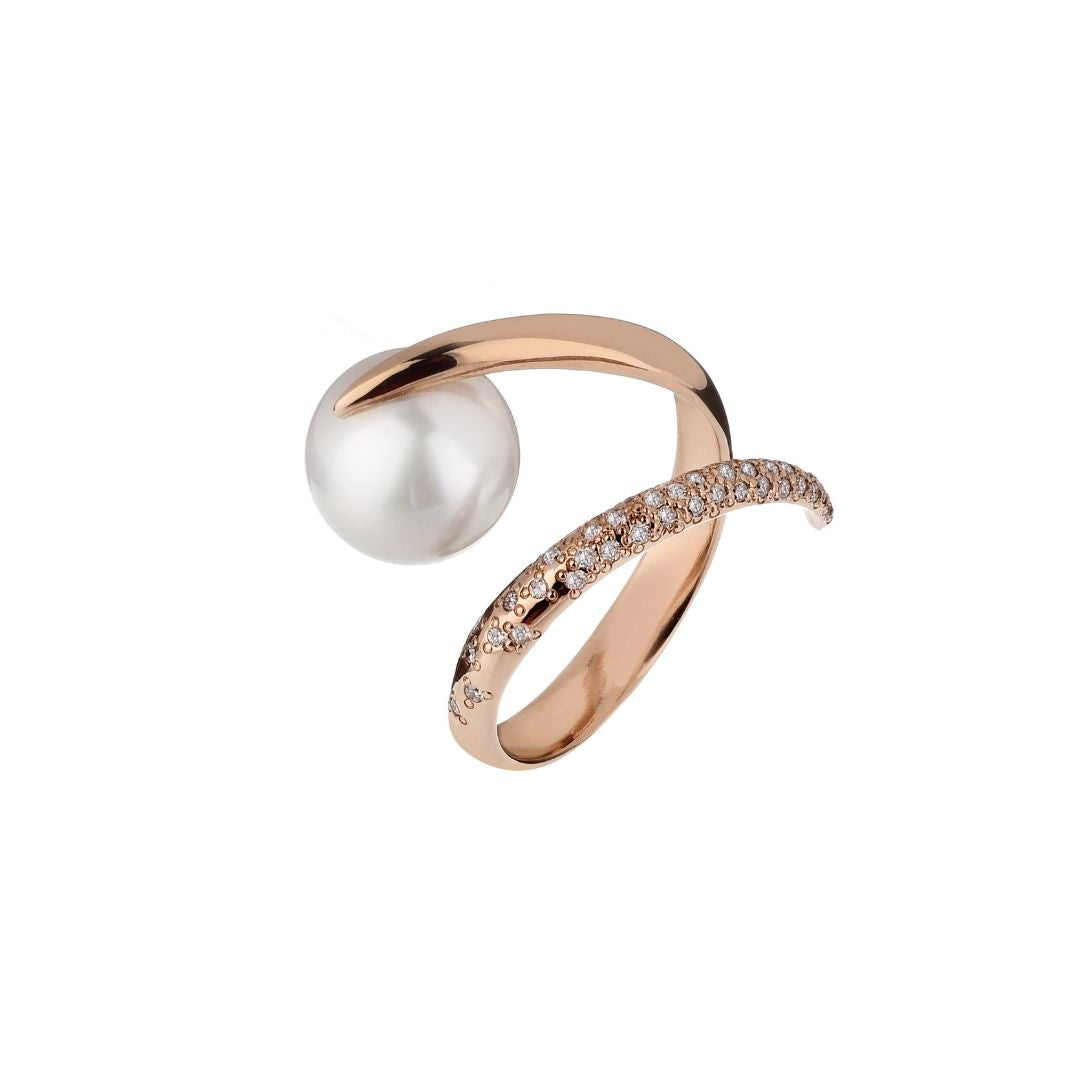 MIMI Anello Oro Rosa 18k con Perla South Sea Bianca e Diamanti ct 0,24