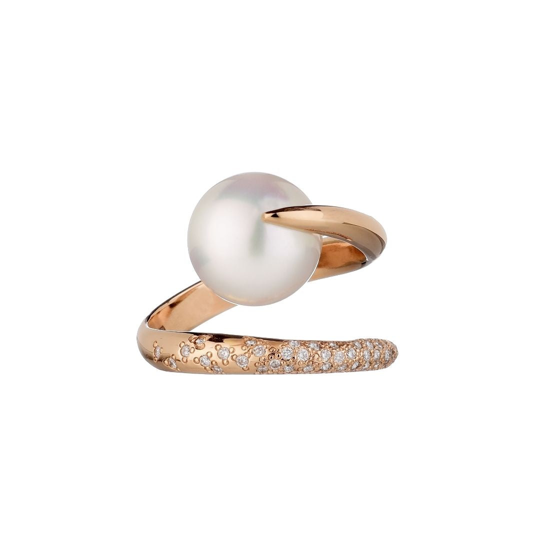 MIMI Anello Oro Rosa 18k con Perla South Sea Bianca e Diamanti ct 0,24