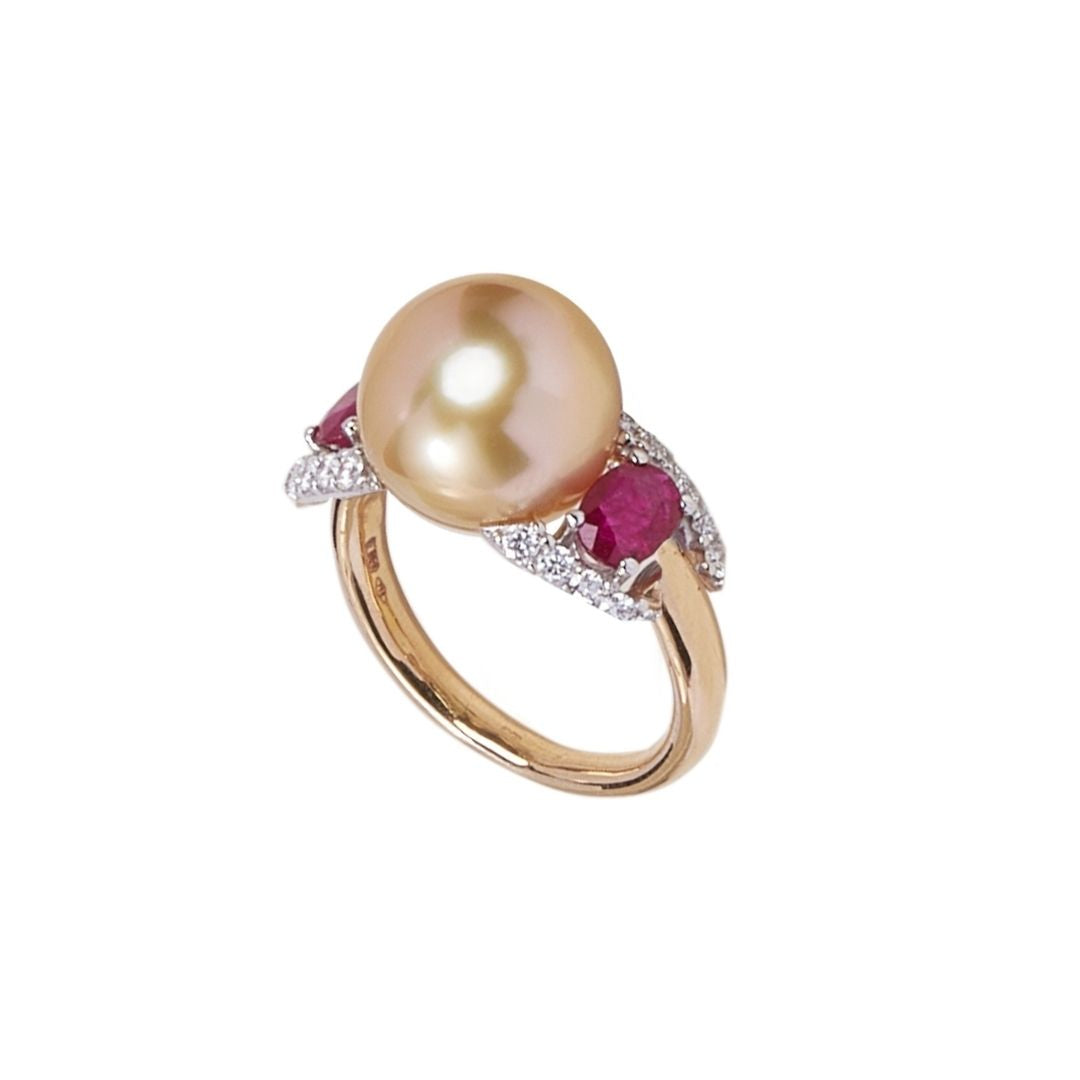 MIMI Anello Milano in oro rosa 18k con perla South Sea Gold e rubini