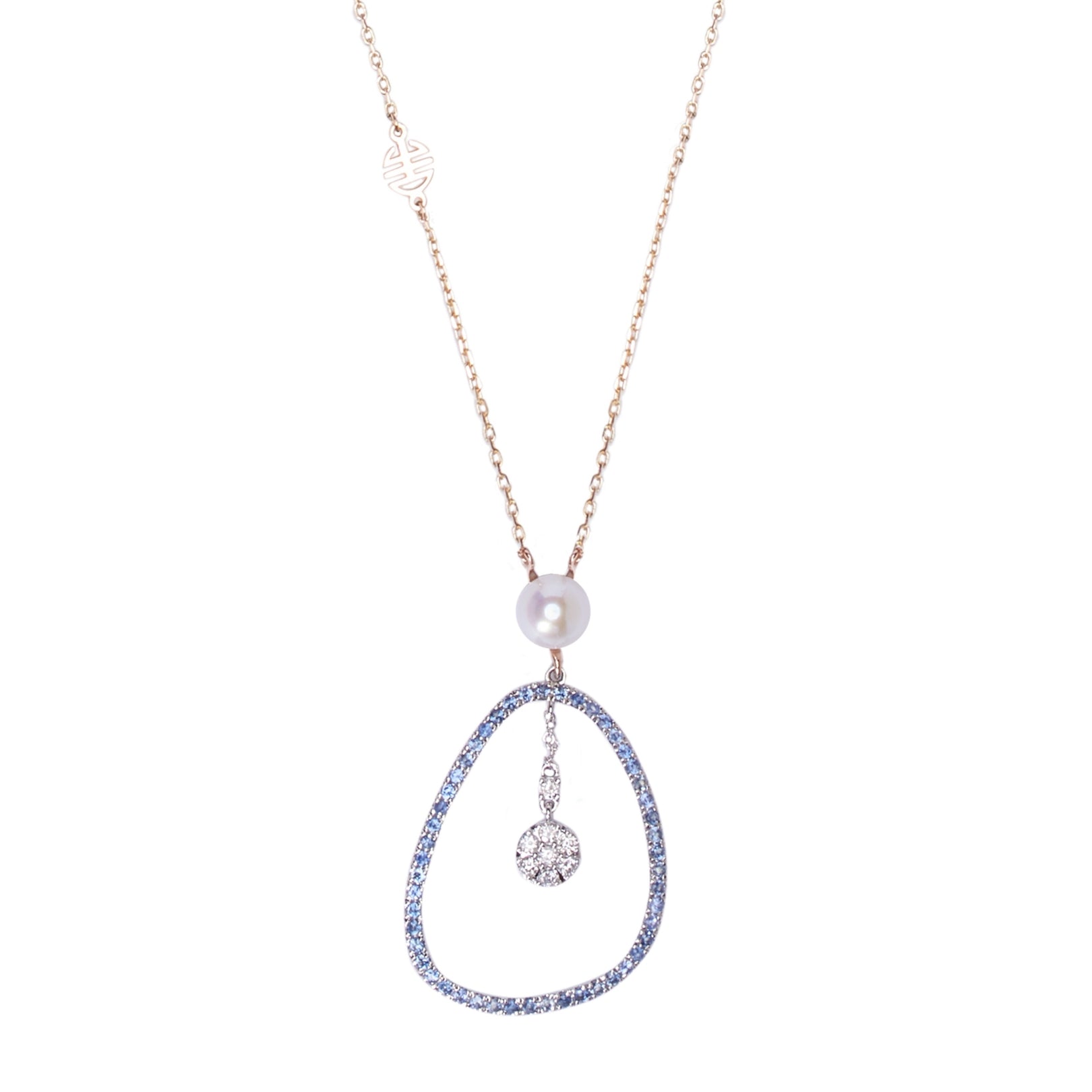 MIMI Pendente Vivienne in oro rosa e bianco 18k con perla Akoya, zaffiri blu e diamanti