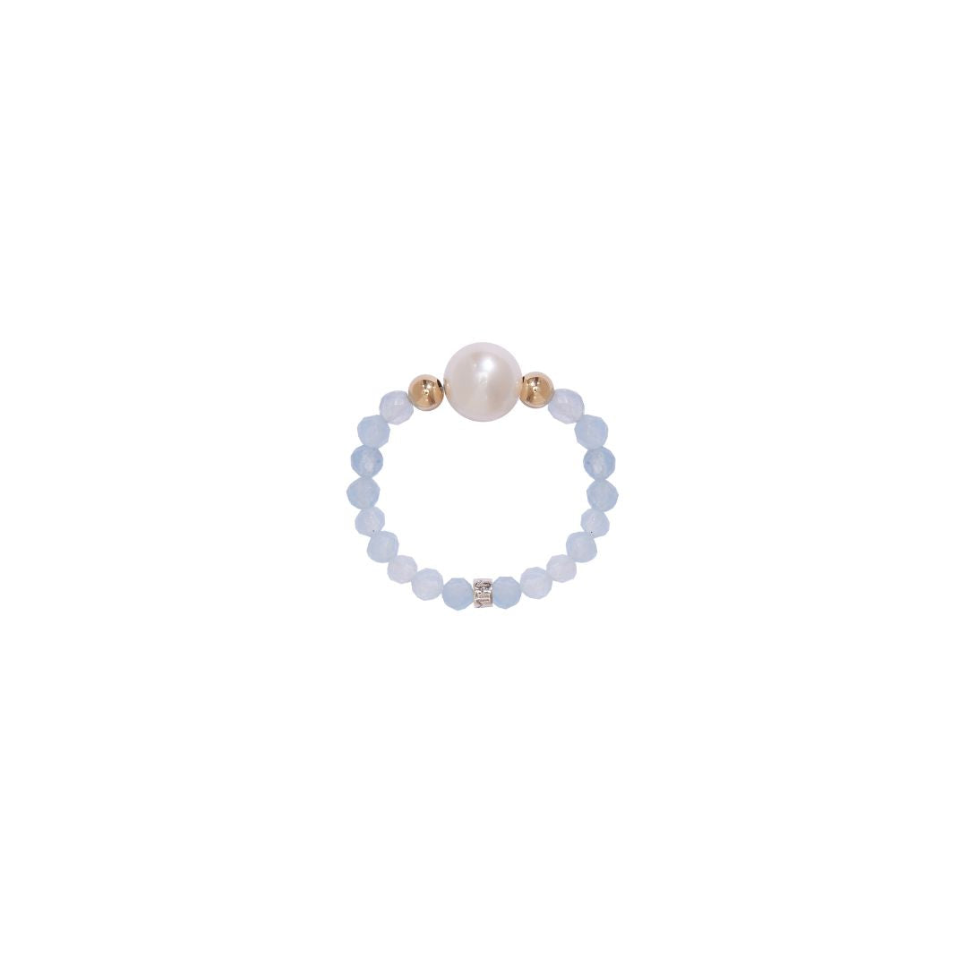 MIMI Anello elastica con pietre naturali colorate e perle freshwater acquamarina