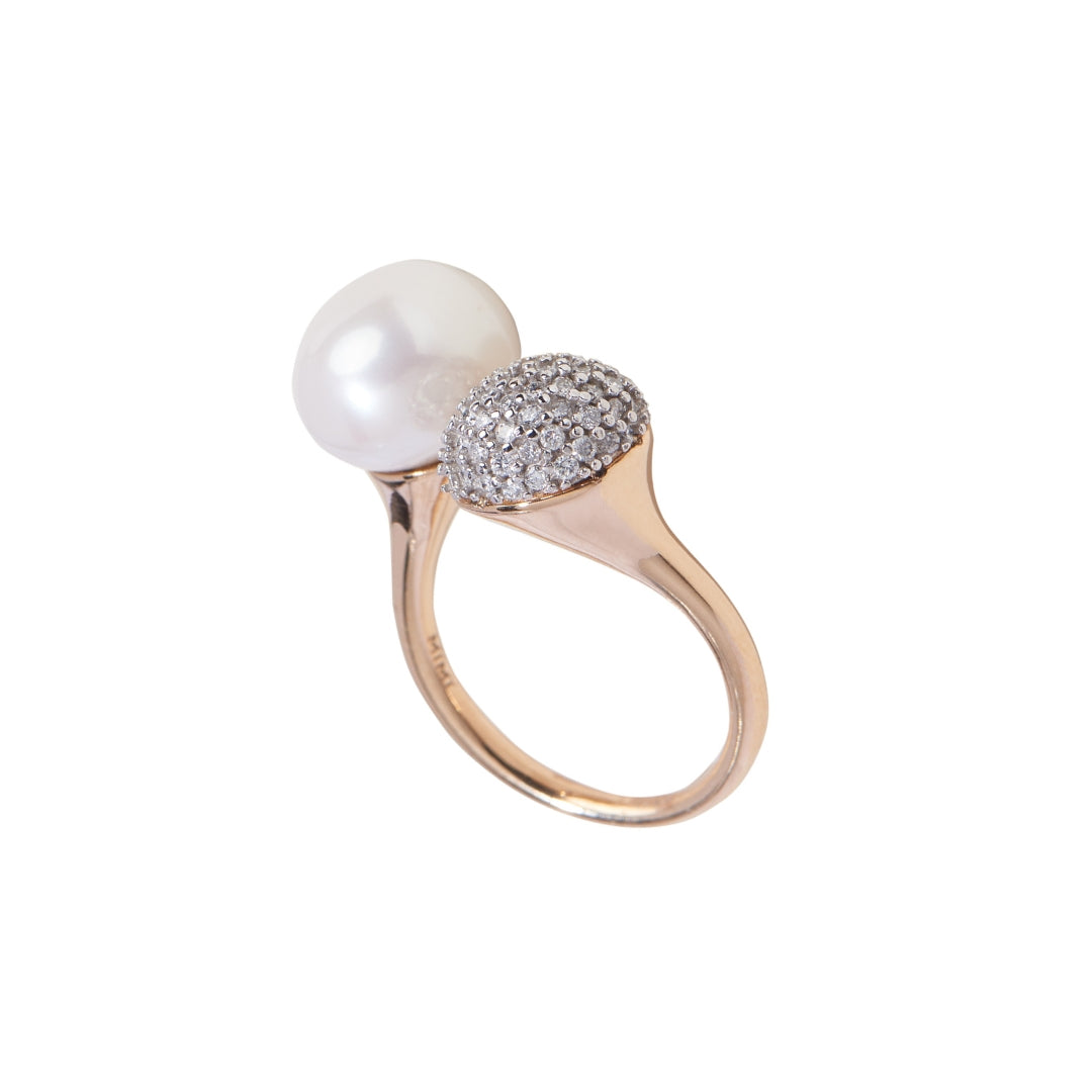 MIMI Anello Blanche in oro rosa con perla barocca bianca e diamanti