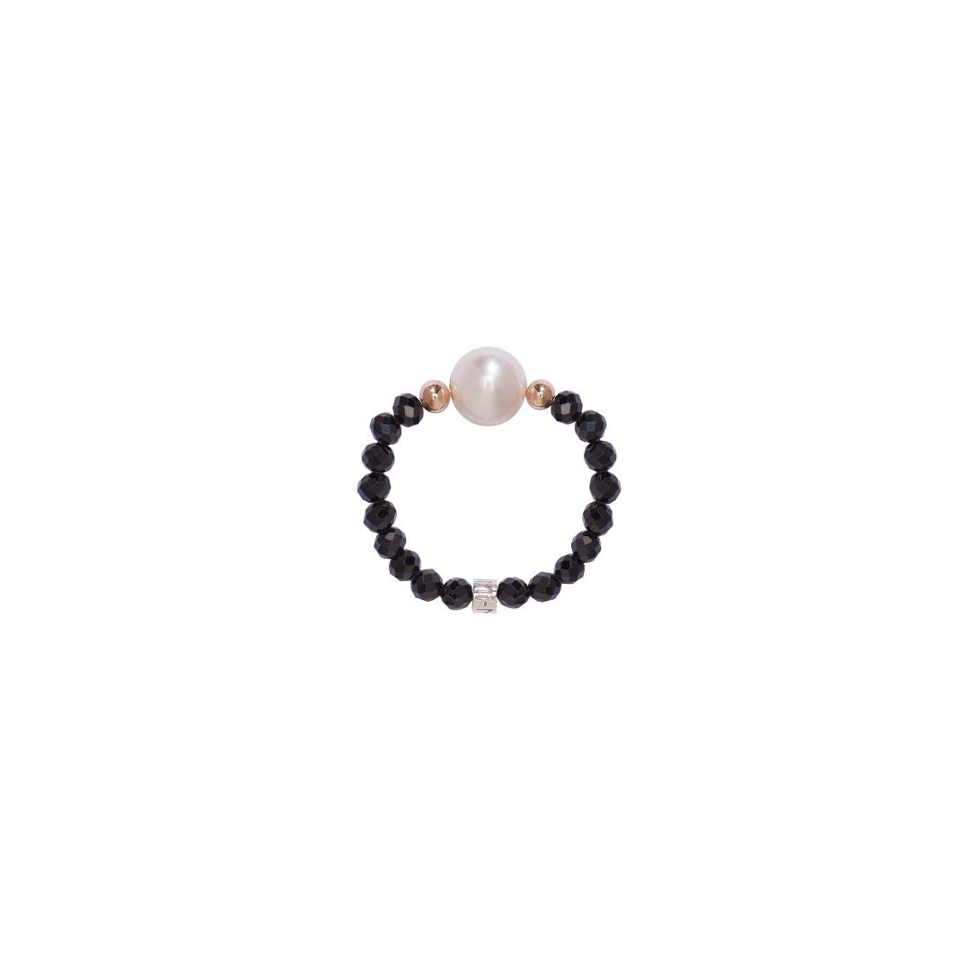 MIMI Anello elastica con pietre naturali colorate e perle freshwater spinello