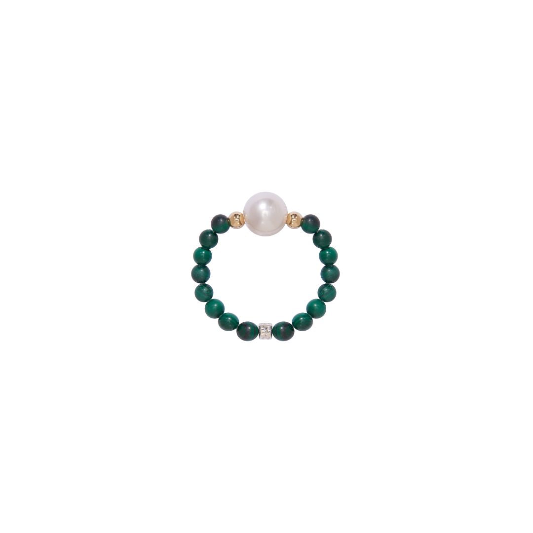 MIMI Anello elastica con pietre naturali colorate e perle freshwater malachite