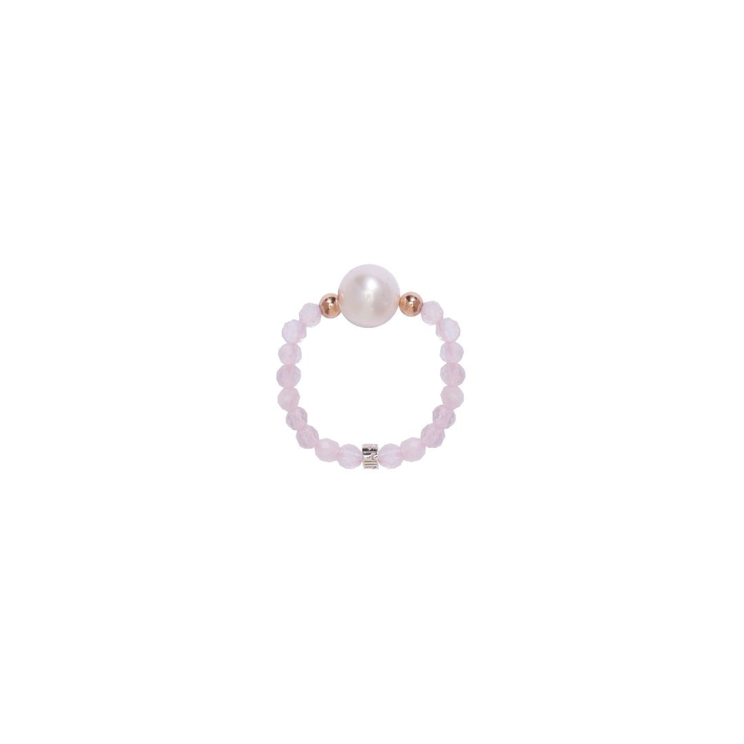 MIMI Anello elastica con pietre naturali colorate e perle freshwater quarzo rosa
