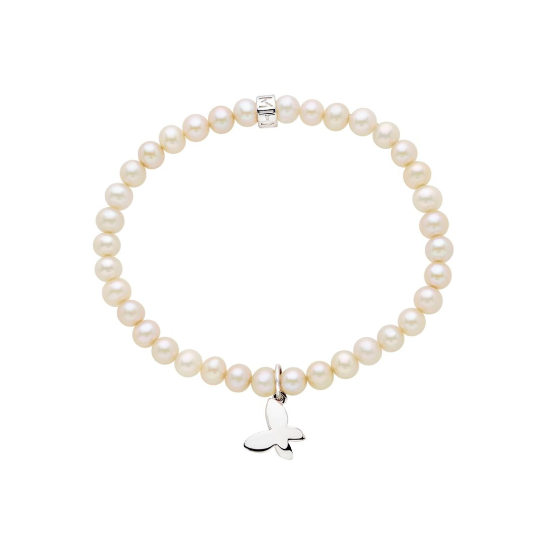 MIMI Bracciale Elastica con Perle Freshwater e Charm Farfalla in Argento 925 Bianco