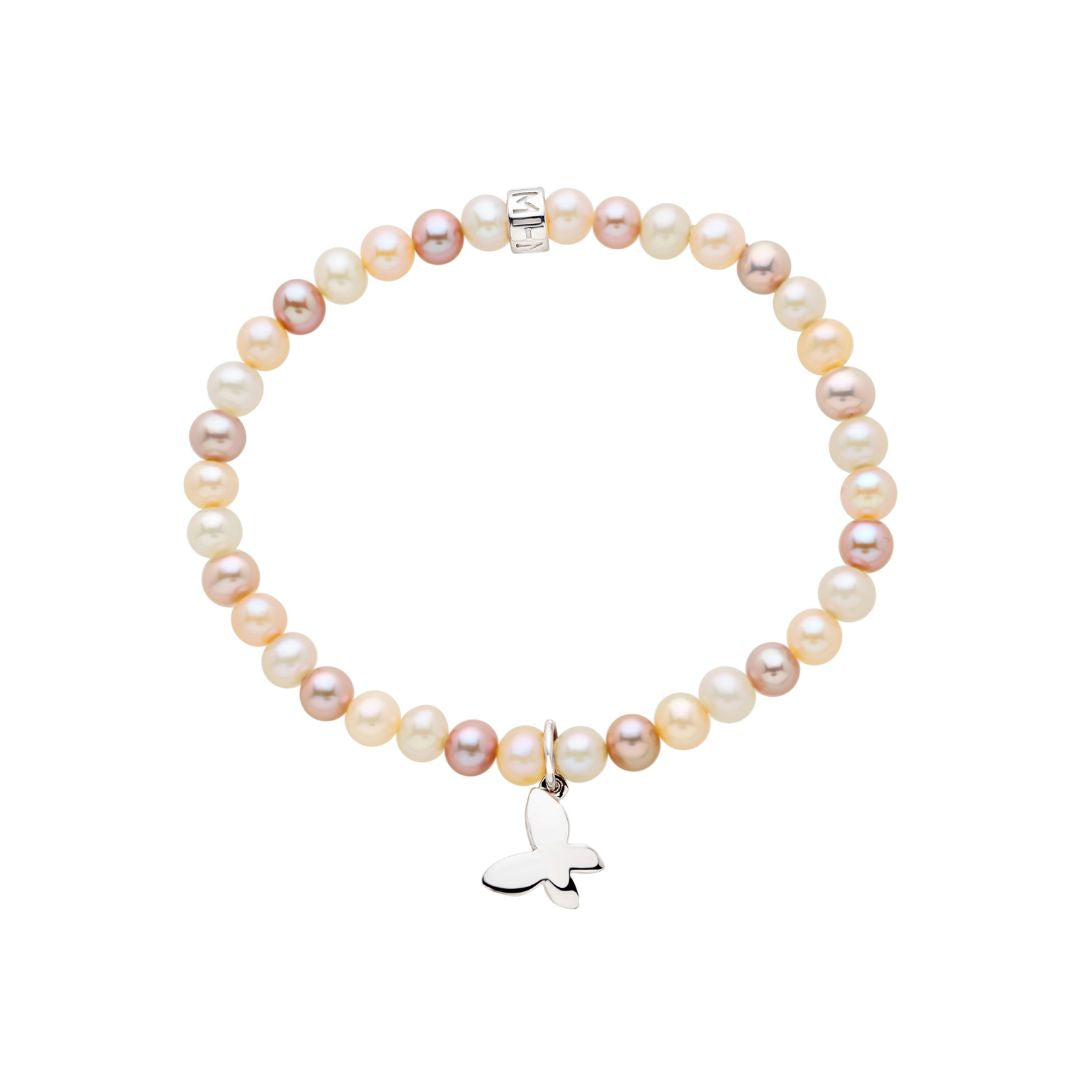 MIMI Bracciale Elastica con Perle Freshwater e Charm Farfalla in Argento 925 Multicolor