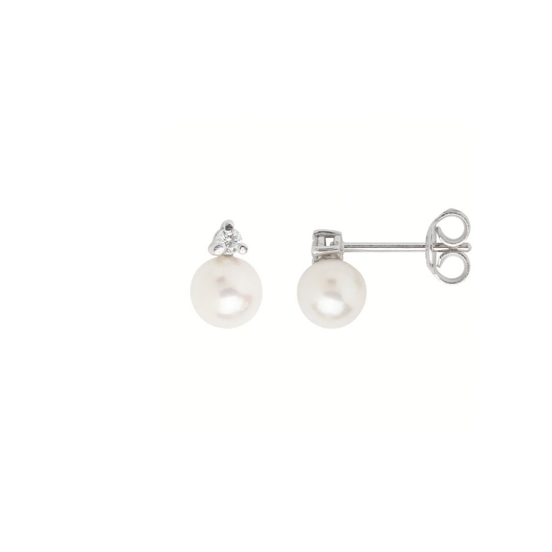 MIMI Orecchini Classici con Perla Akoya e Diamanti 0,10 ct in Oro Bianco 18k