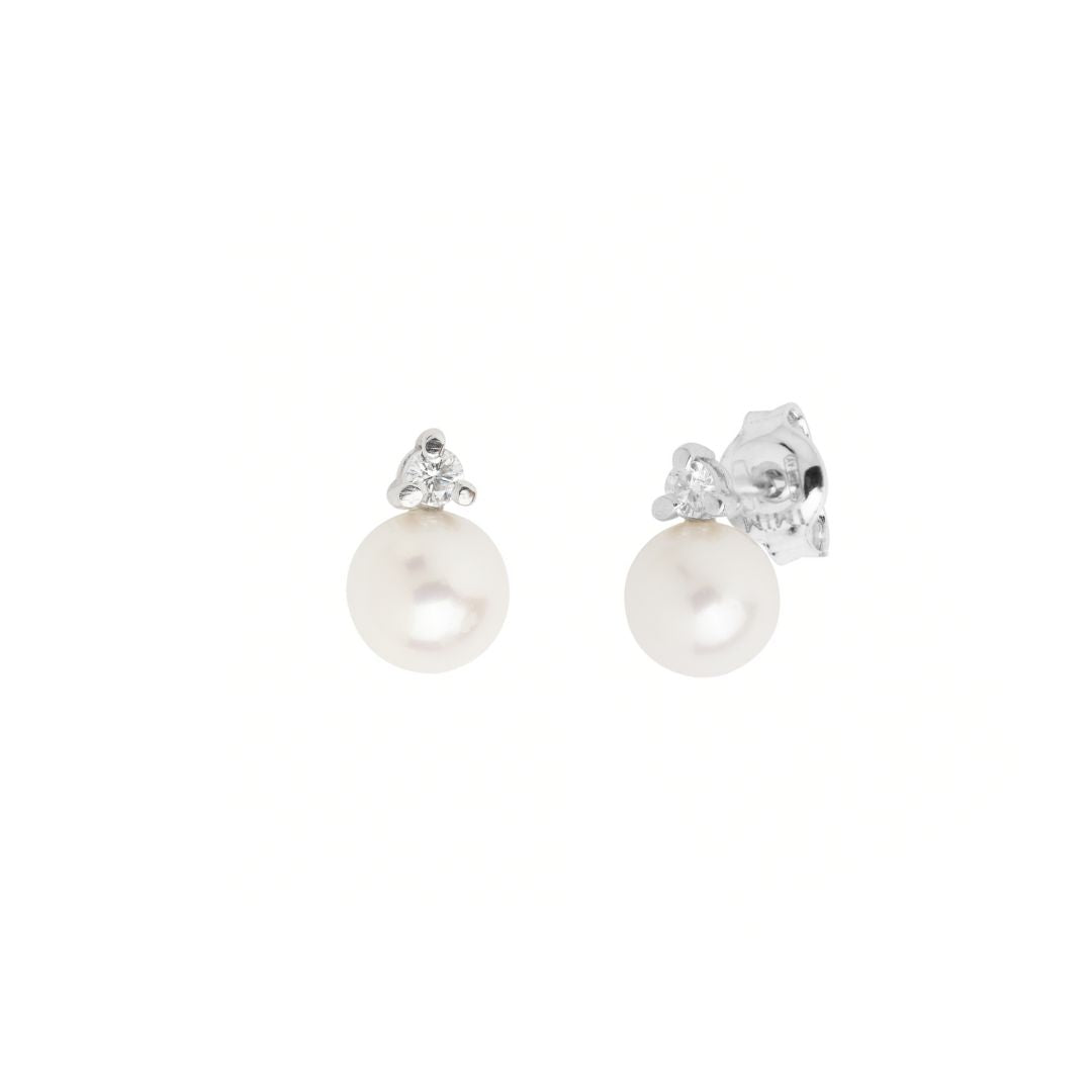 MIMI Orecchini Classici con Perla Akoya e Diamanti 0,10 ct in Oro Bianco 18k