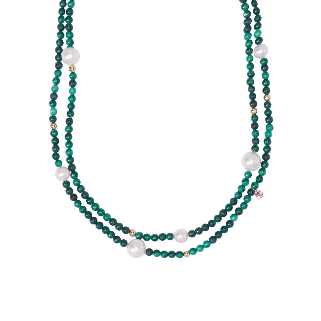 MIMI Collana con pietre naturali, perle e oro 18k malachite