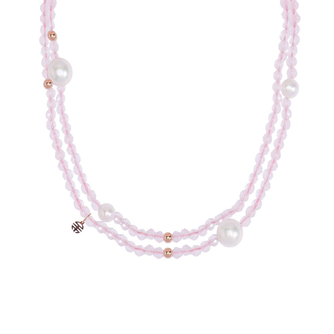 MIMI Collana con pietre naturali, perle e oro 18k quarzo rosa