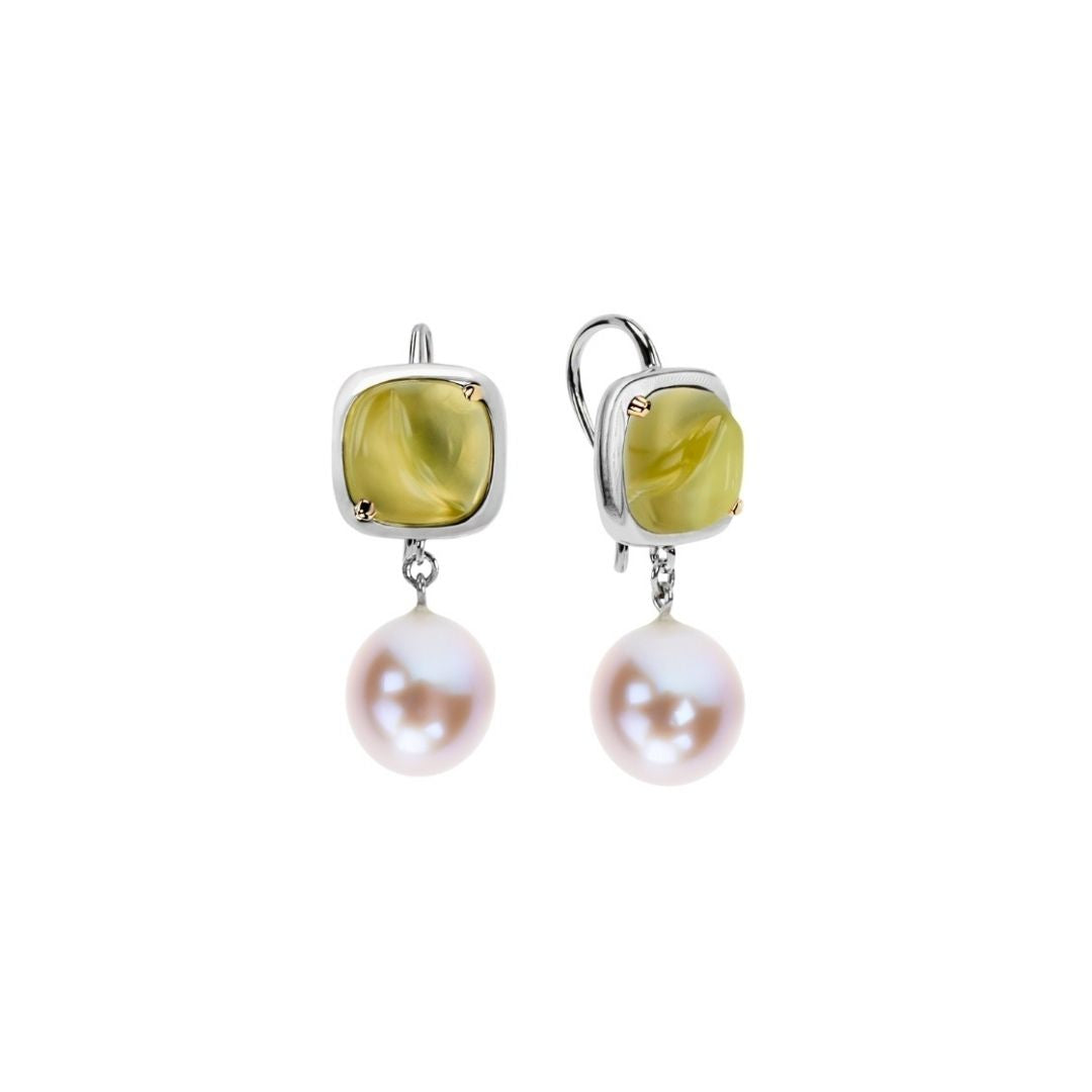 MIMI Orecchini Dune con perla e calcedonio verde acqua quarzo lemon