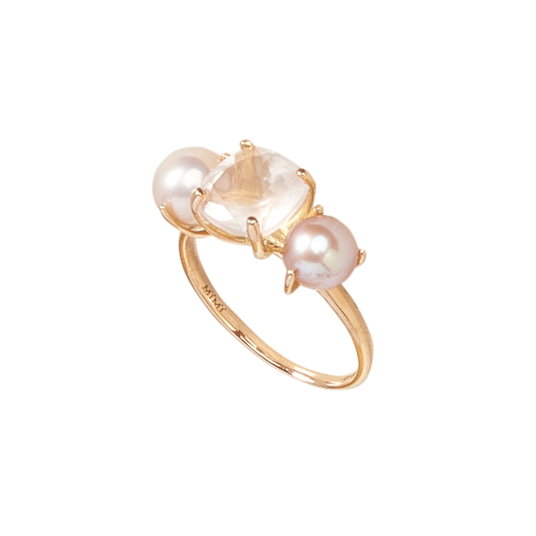 MIMI Anello Shanti in oro rosa con quarzo rosa e perle viola