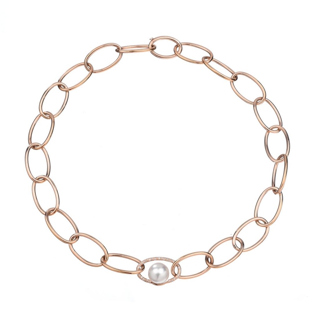 Collana Oro Rosa 18k con Perla South Sea 11 mm e Diamanti ct 0,18