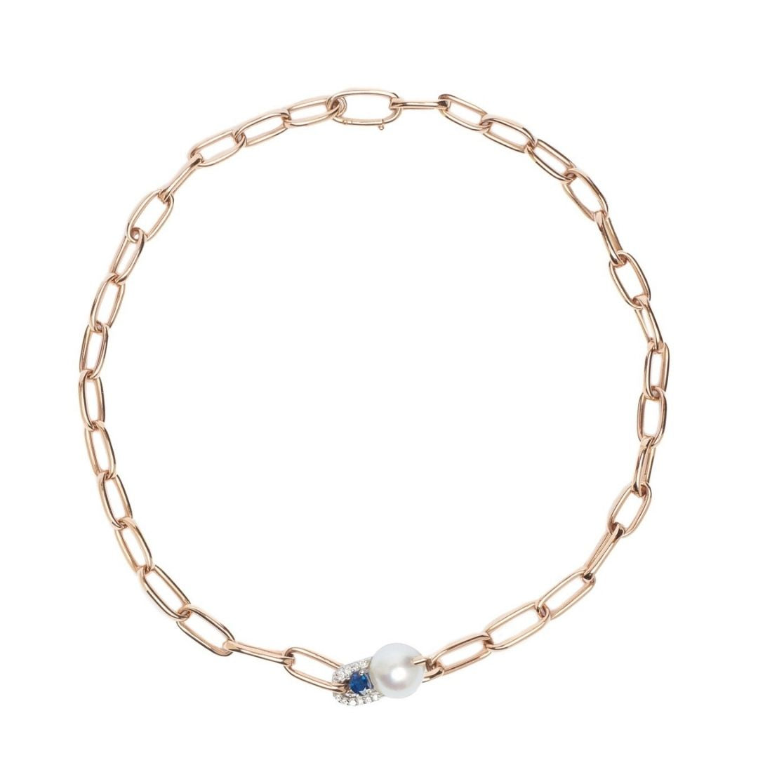 MIMI Collana Oro Rosa 18k con Perla South Sea Bianca, Diamanti e Zaffiri Blu
