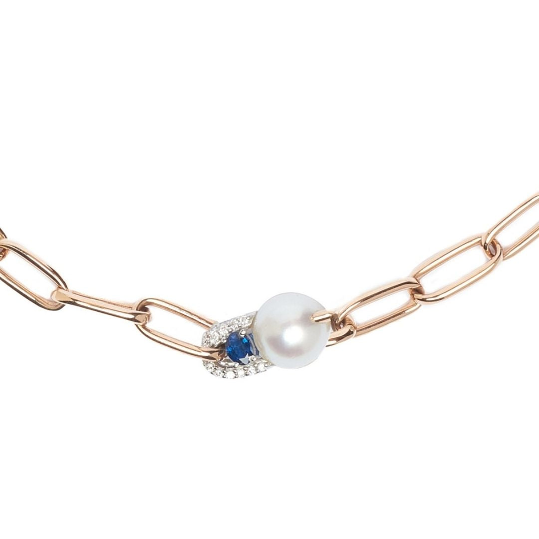 MIMI Collana Oro Rosa 18k con Perla South Sea Bianca, Diamanti e Zaffiri Blu