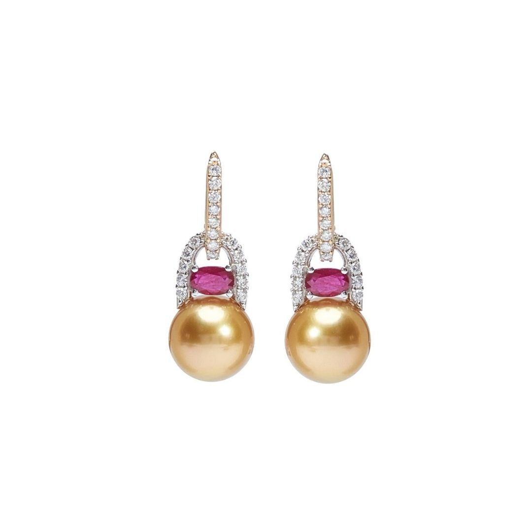 MIMI Orecchini in oro giallo con perle South Sea gold, diamanti e rubini
