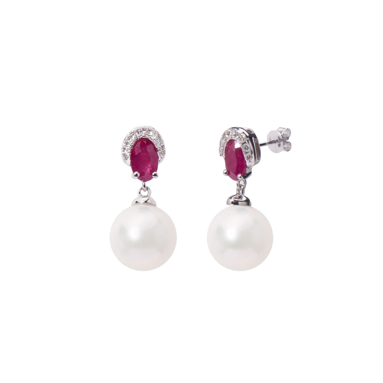 MIMI Orecchini in Oro Bianco, Diamanti, Perle Akoya e Rubini Rubini
