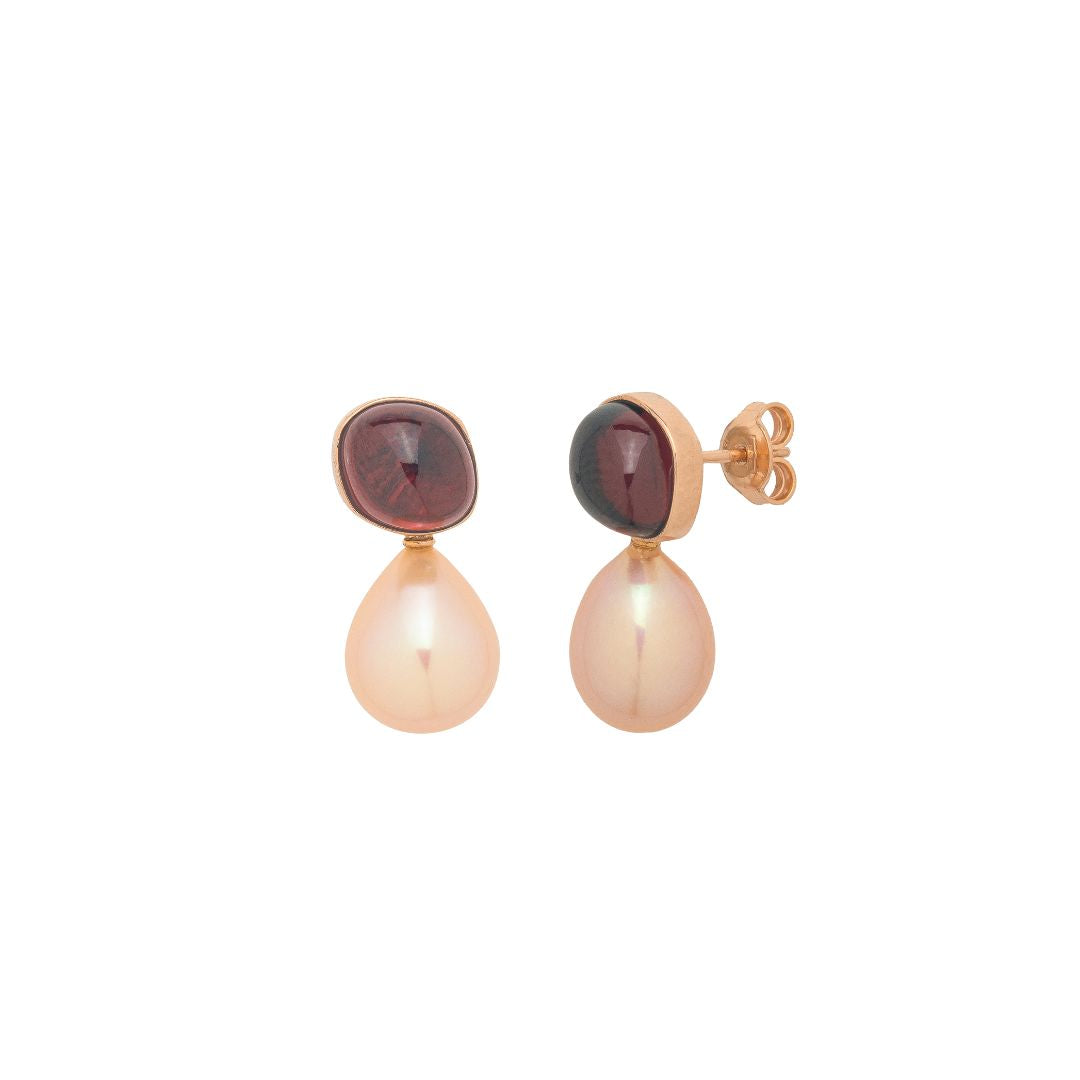 MIMI Orecchini Blanche in oro rosa con perle barocche rosa e granati rossi