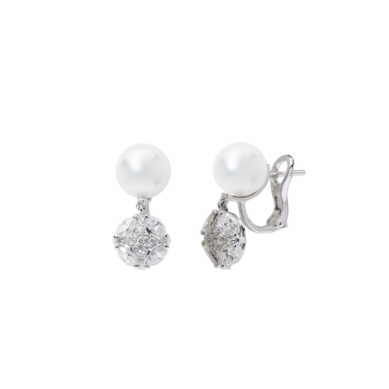 MIMI Orecchini Milano con Perno e Clip in Oro Bianco, Diamanti e Perle South Sea