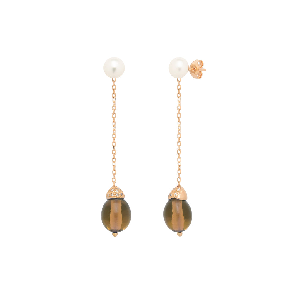 MIMI Orecchini Abbracci con quarzo cognac, perle freshwater e diamanti