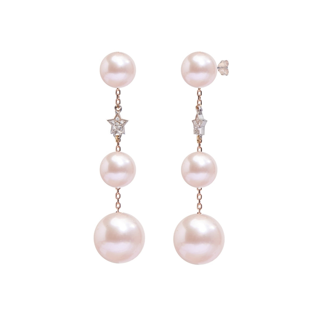 MIMI Orecchini pendenti con 3 perle rosa e stelle di diamanti