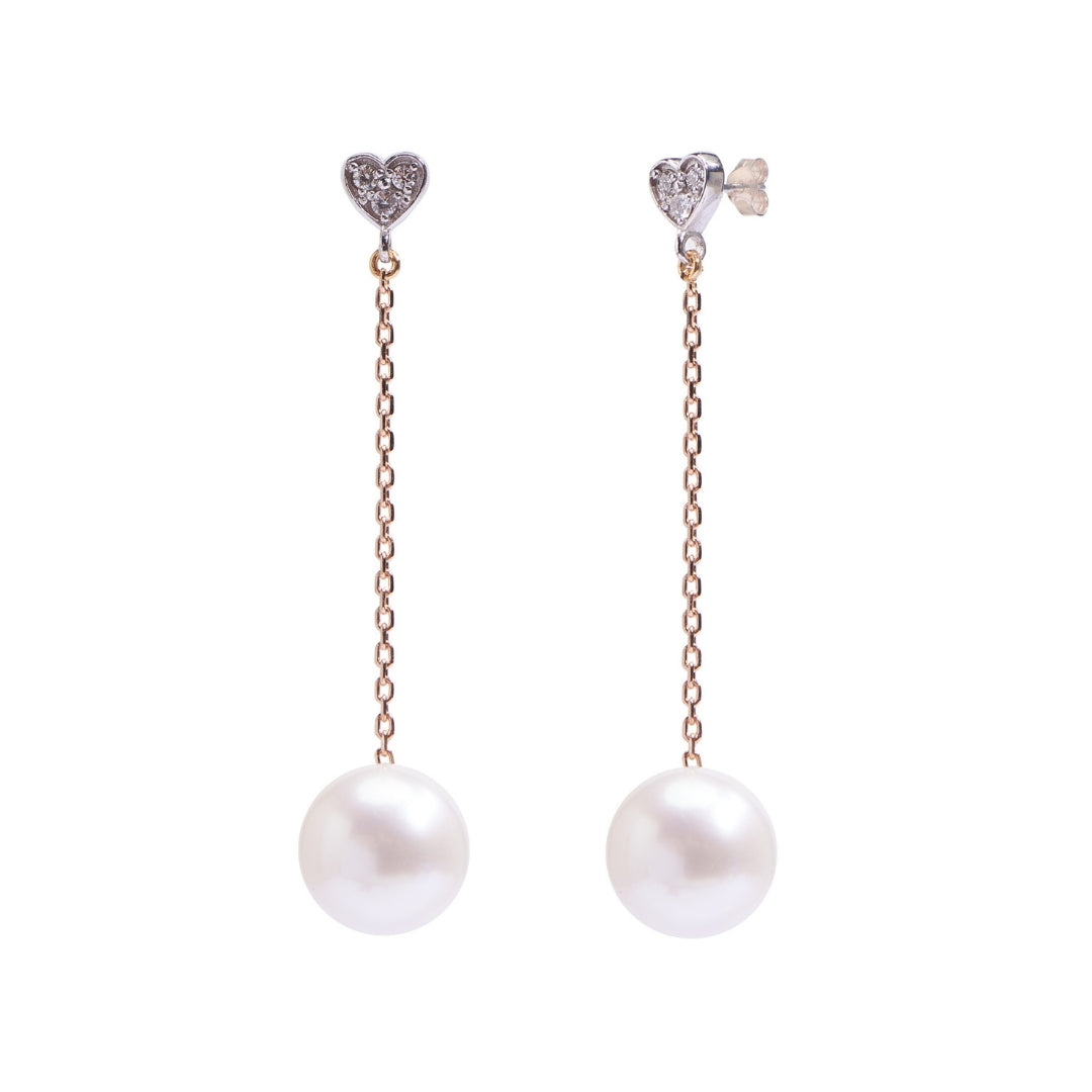 MIMI Orecchini pendenti con perle bianche e cuori di diamanti