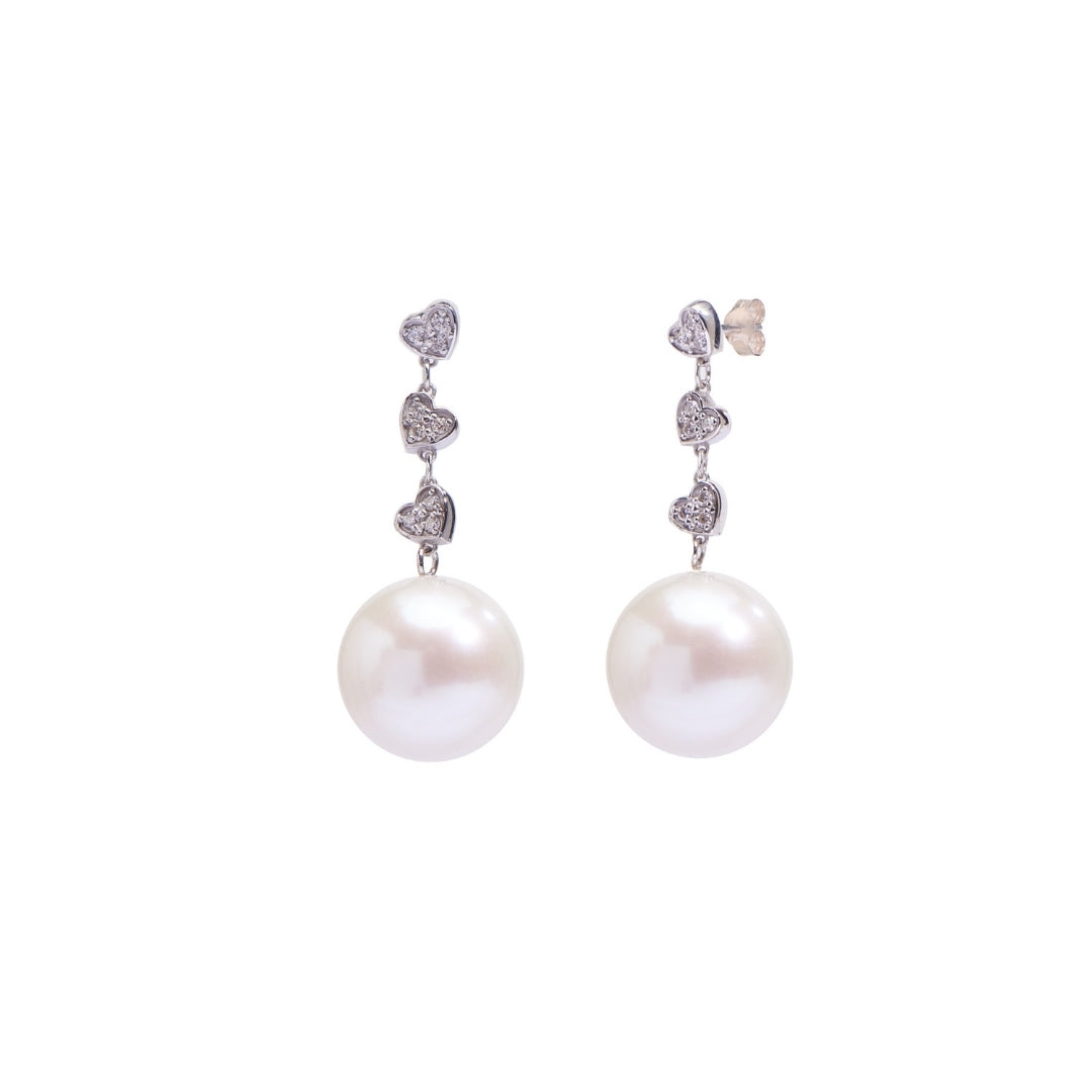 MIMI Orecchini perle bianche e 3 cuori di diamanti