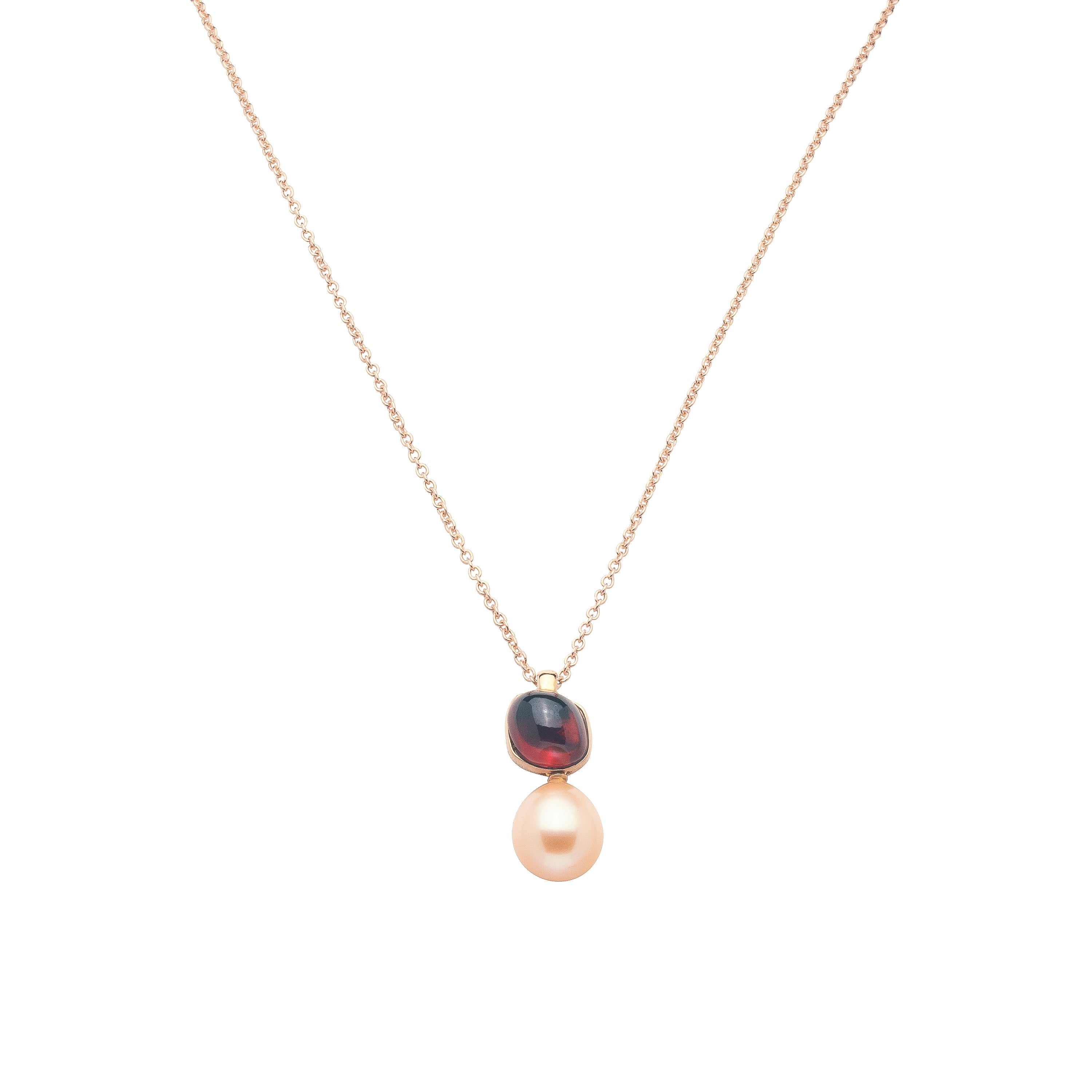 MIMI Pendente Blanche in oro rosa con perla barocca rosa e granato rosso