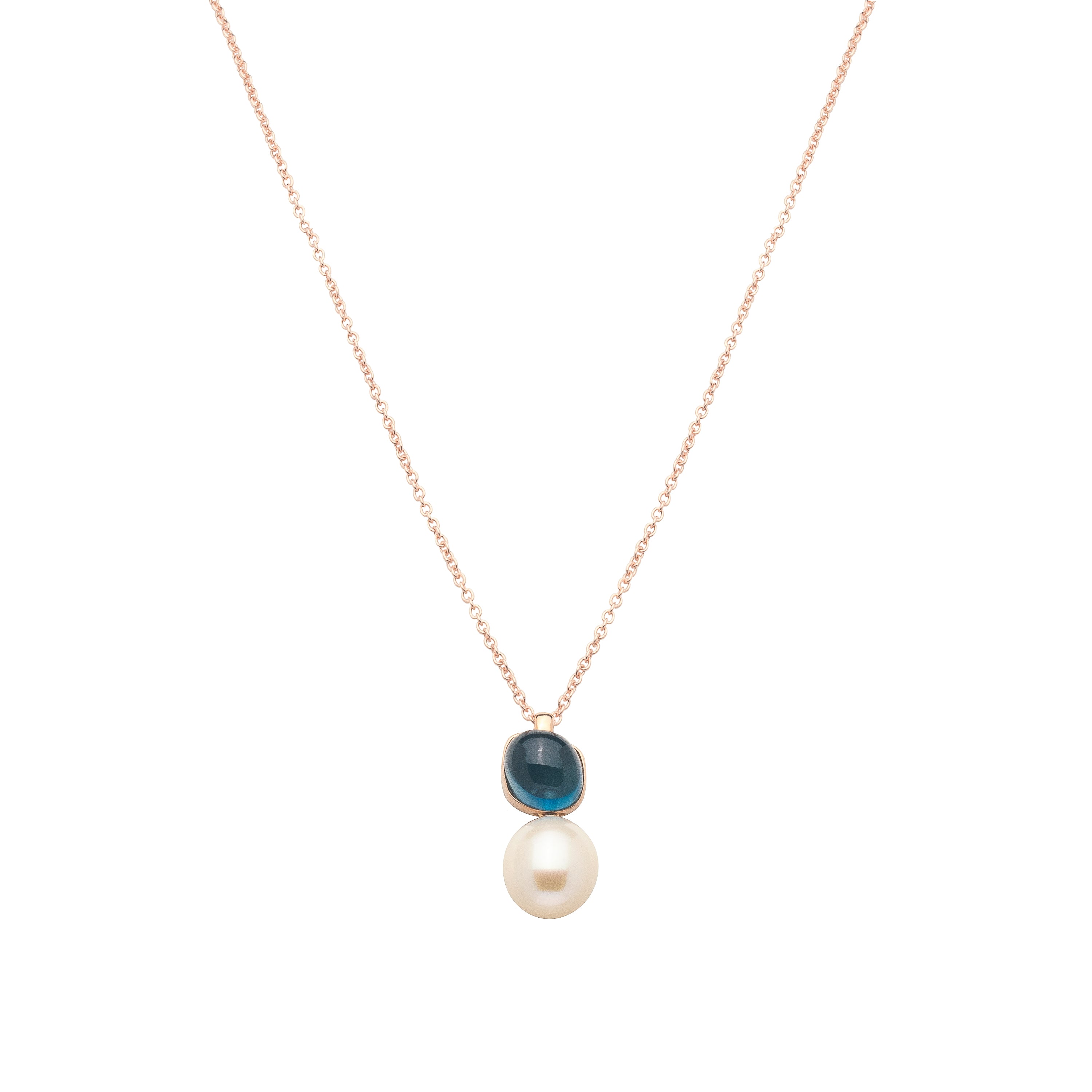 MIMI Pendente Blanche in oro rosa con perla barocca bianca e topazio London blue