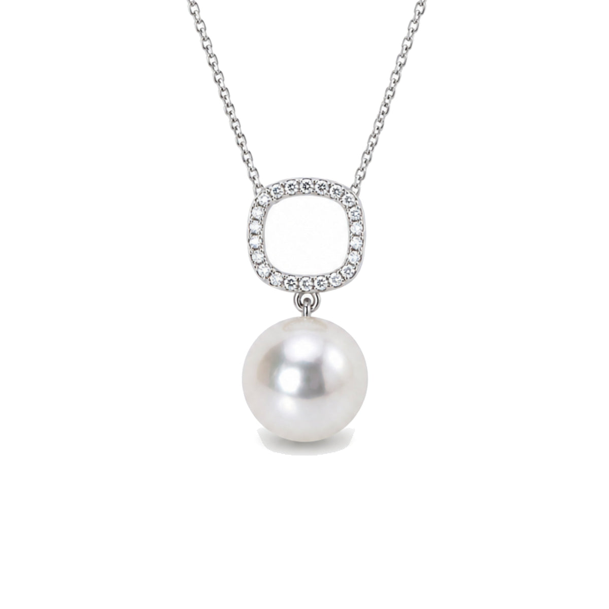 Pendente in oro bianco 18k con perla Akoya bianca 9-9,5 mm e diamanti cushion — MIMÍ Milano