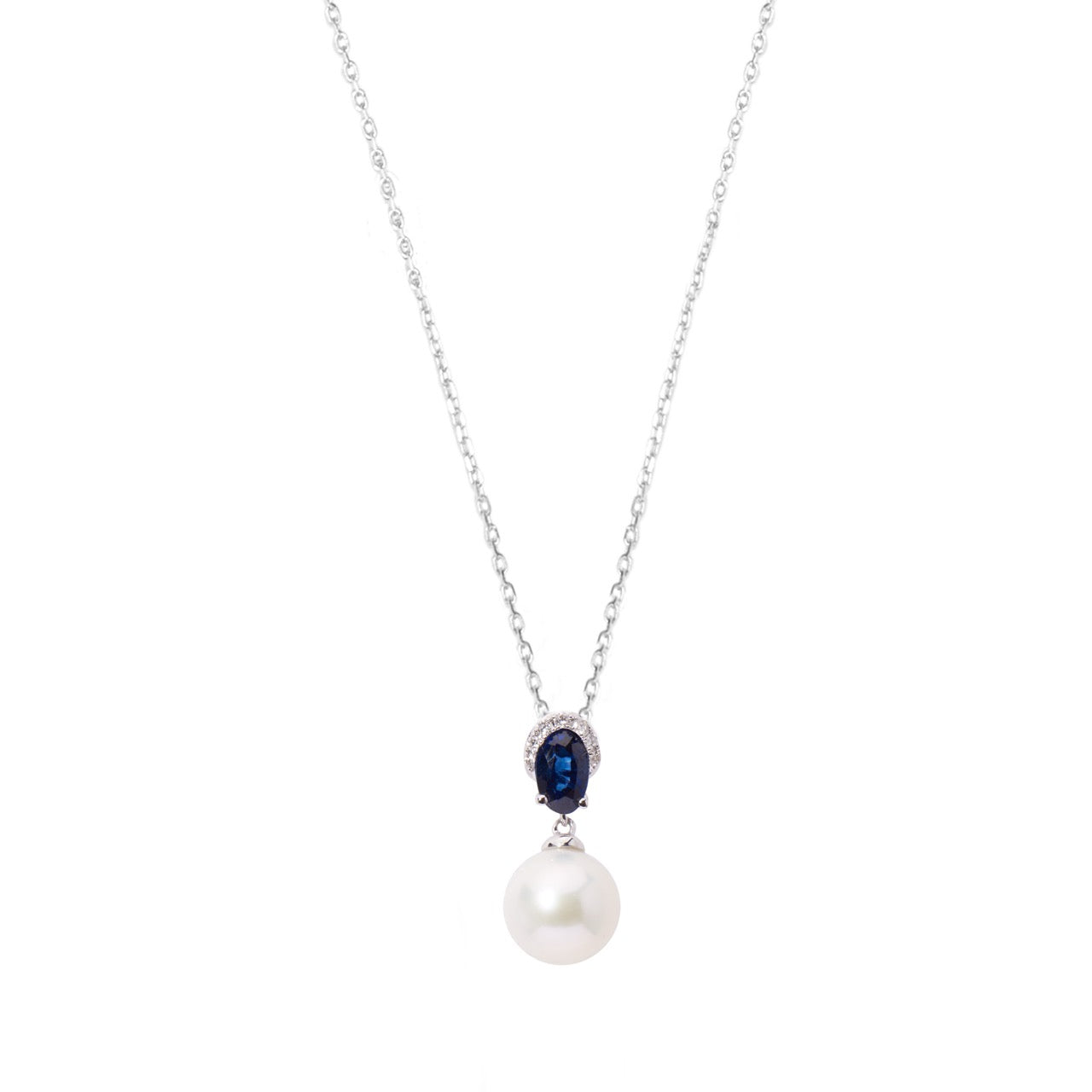 MIMI Pendente in Oro Bianco con Diamanti, Perla Akoya e Zaffiri blu Zaffiri blu