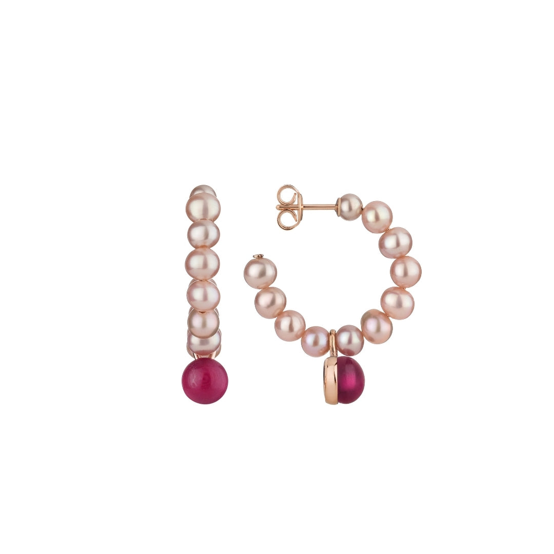 Orecchini  a cerchio Zabette con perle e pietra rosa