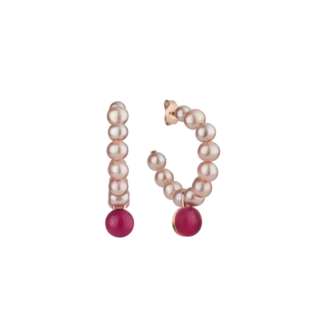 Orecchini  a cerchio Zabette con perle e pietra rosa