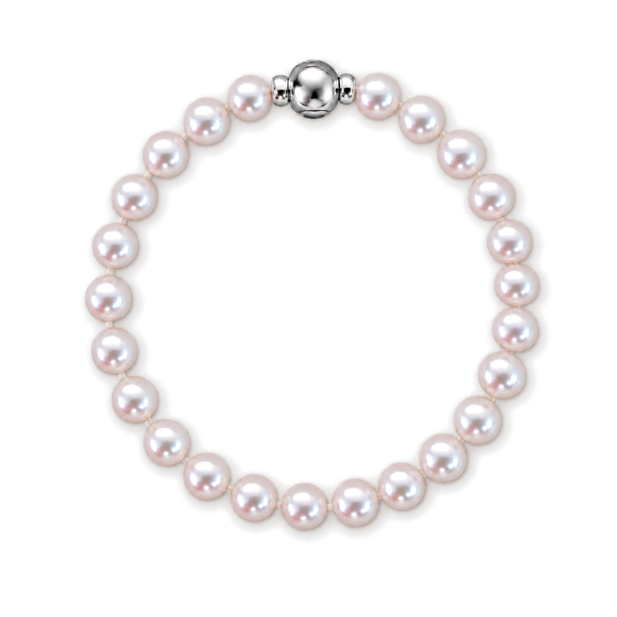 Bracciale perle Akoya bianche 7-7,5 mm con chiusura sferica MIMÍ in argento 925, vista dall'alto su fondo bianco