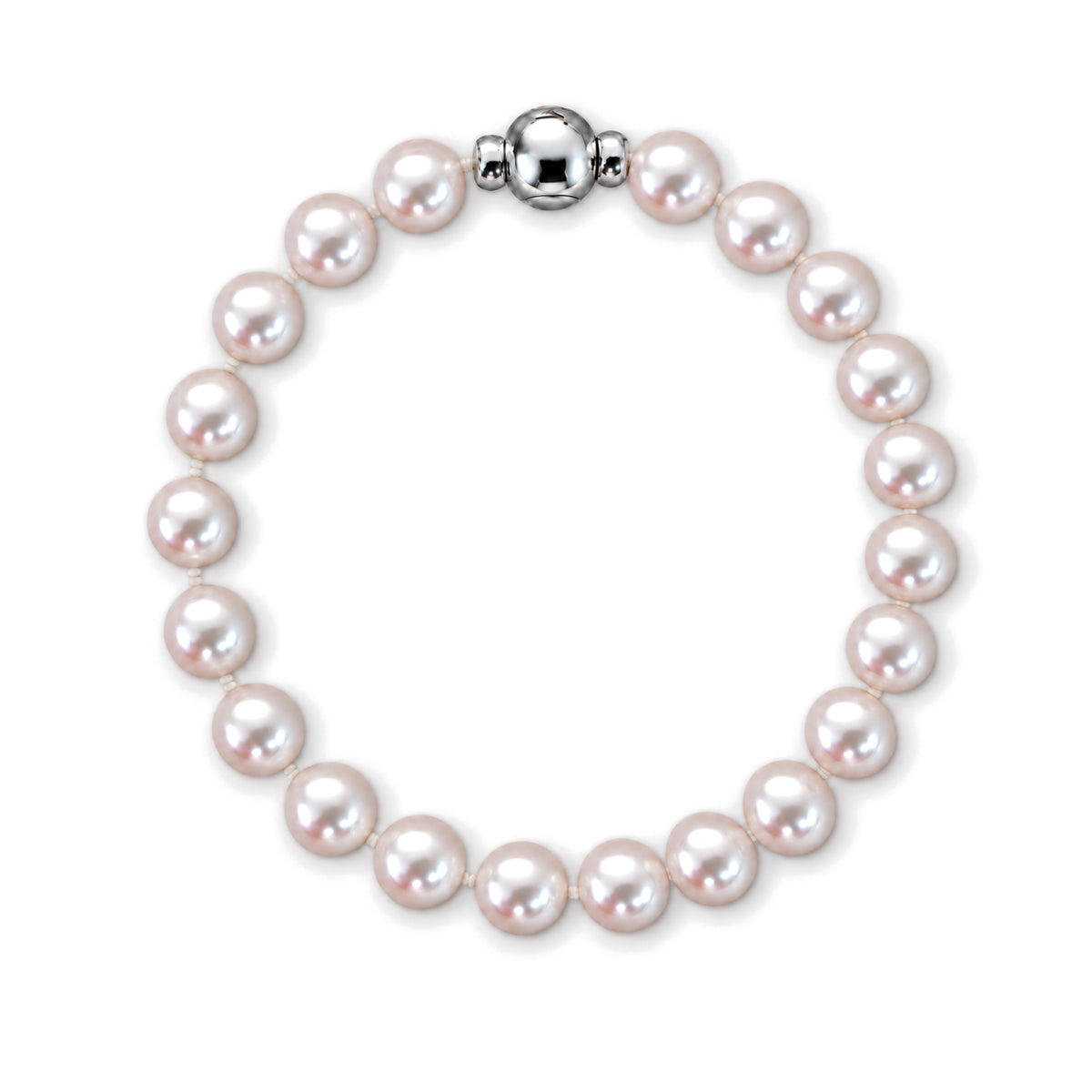 Bracciale perle Akoya bianche 8-8,5 mm con chiusura sferica MIMÍ in argento 925, vista dall'alto su fondo bianco