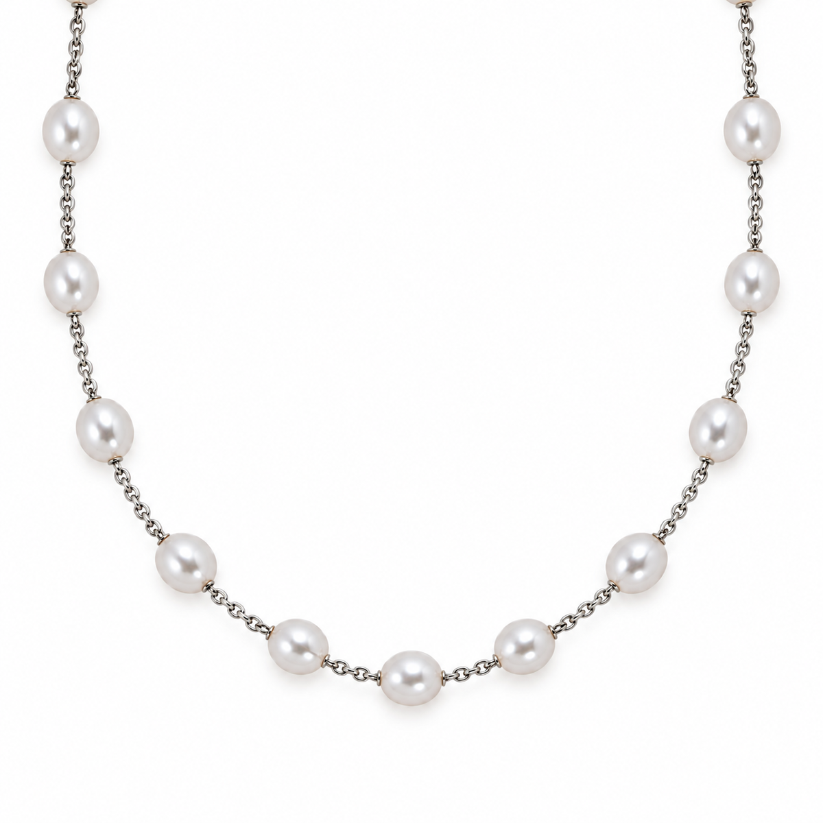 Collana lunga in argento 925 con perle barocche bianche, veduta ravvicinata — MIMÍ Milano