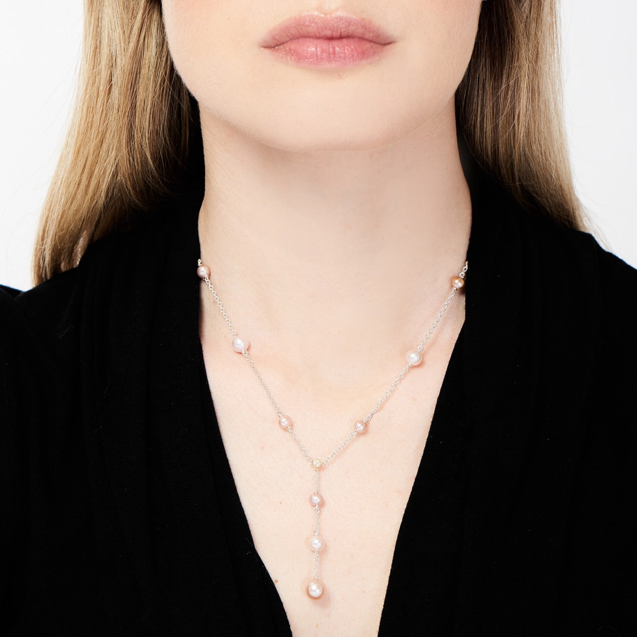 MIMI Collana Nagai a Y in Argento e Oro Rosa con Perle Viola