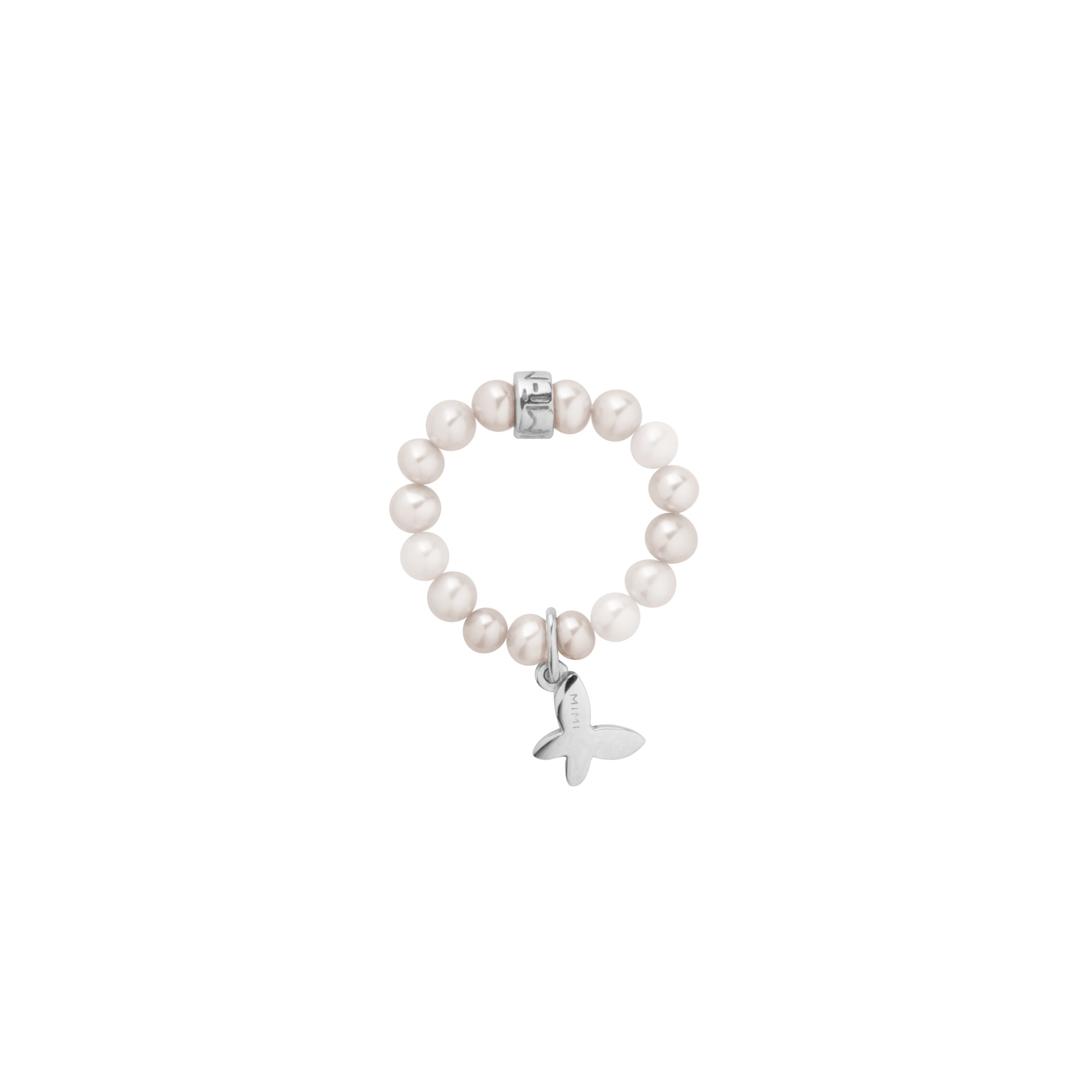 MIMI Anello Elastica con perle bianche e charm farfalla