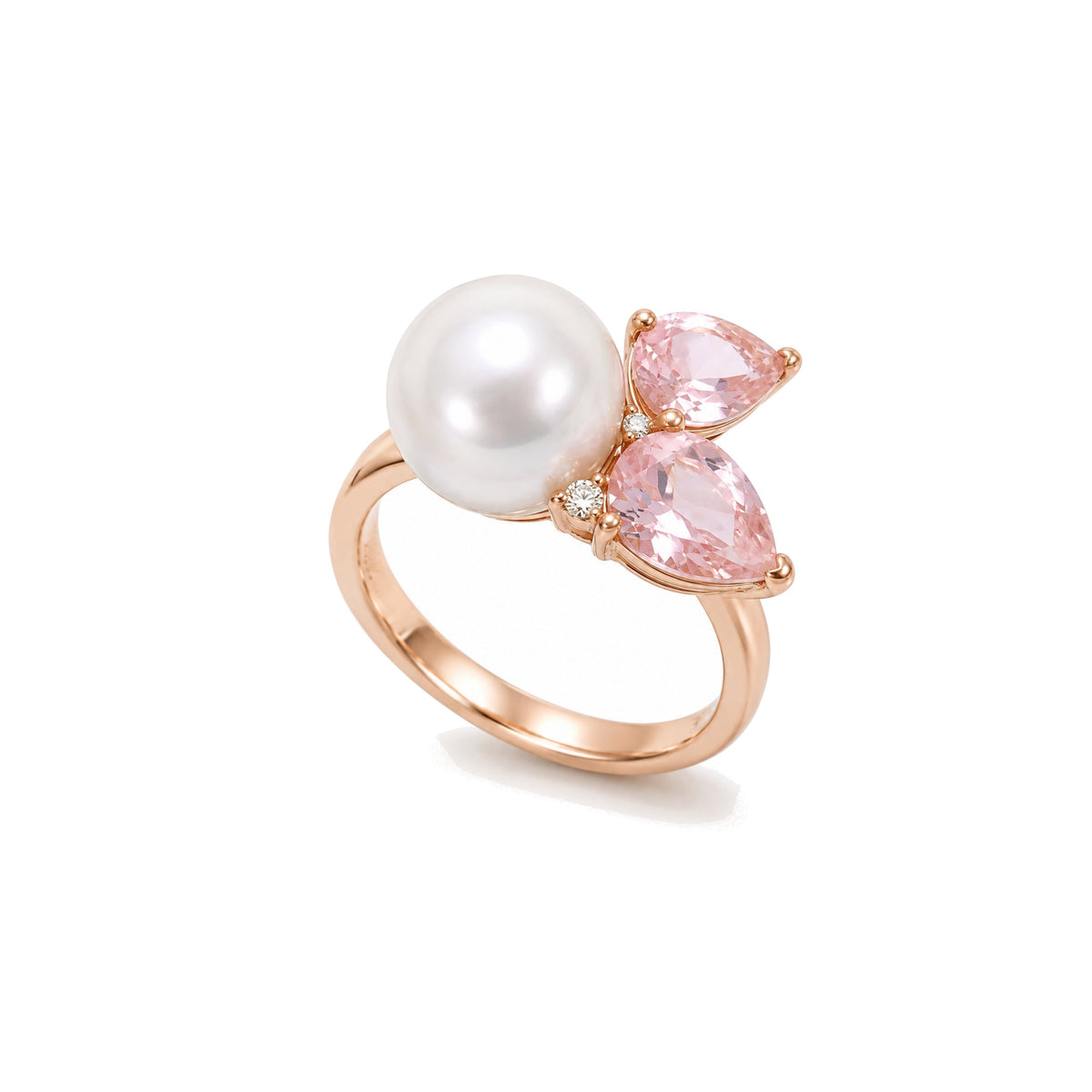 Anello Cocktail in oro rosa 18k con perla Freshwater bianca 11 mm e quarzo rosa e diamanti — MIMÍ Milano