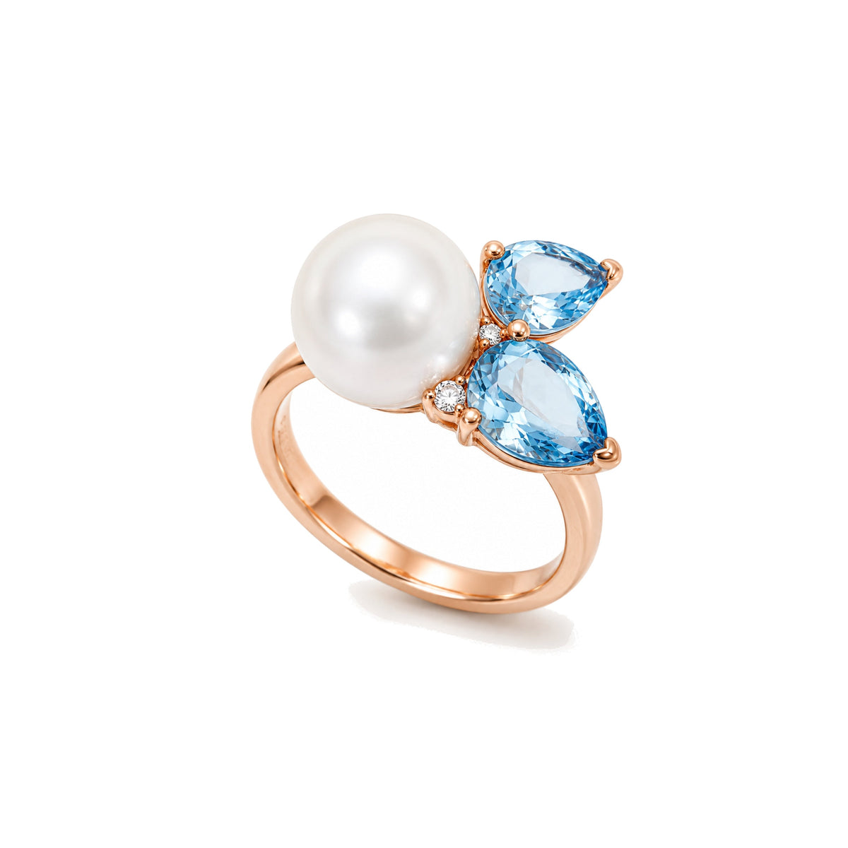 Anello Cocktail in oro rosa 18k con perla Freshwater bianca 11 mm e topazio azzurro e diamanti — MIMÍ Milano