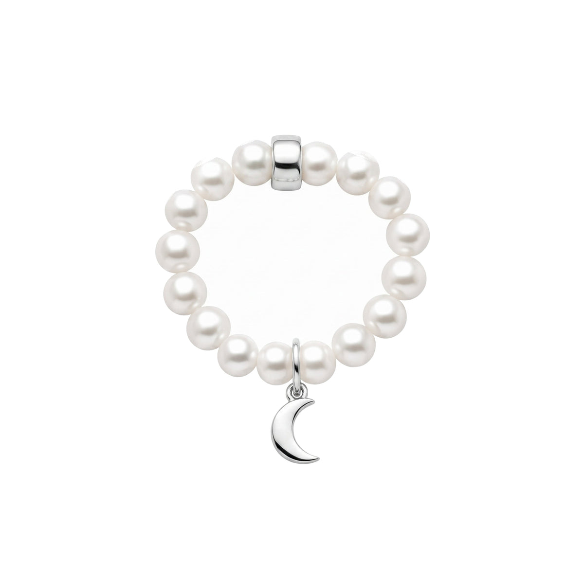 Anello elastico in argento 925 con perla Freshwater bianca 5-5,5 mm e charm luna — MIMÍ Milano