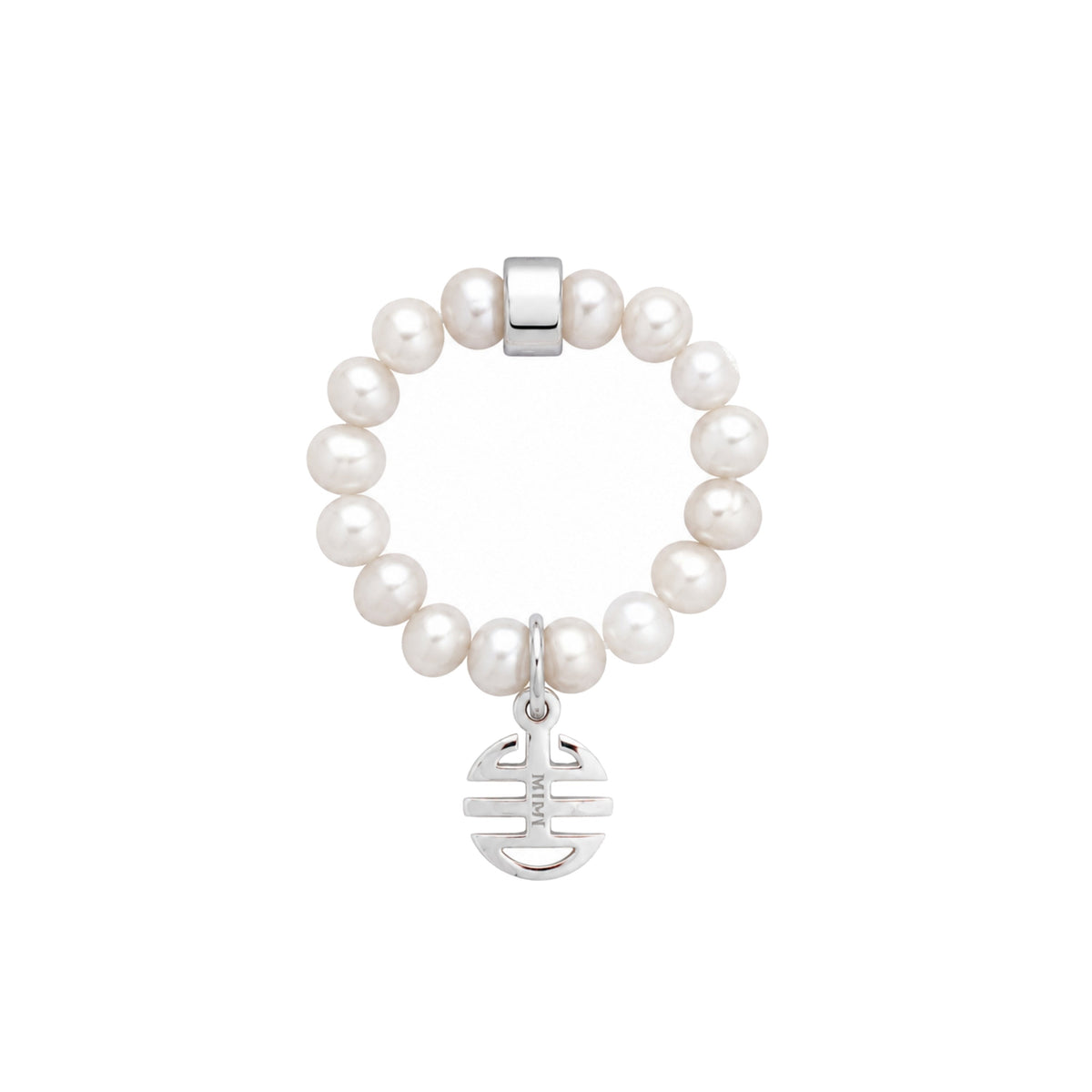 Anello elastico in argento 925 con perla Freshwater bianca 5-5,5 mm e charm Ognibene — MIMÍ Milano