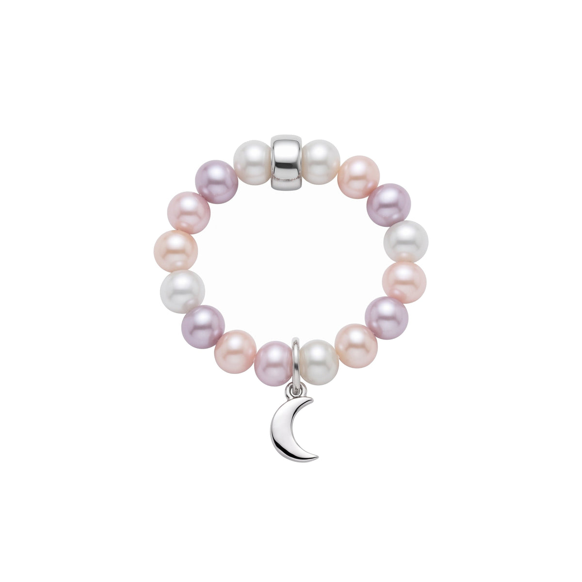 Anello elastico in argento 925 con perla Freshwater multicolor 5-5,5 mm e charm luna — MIMÍ Milano