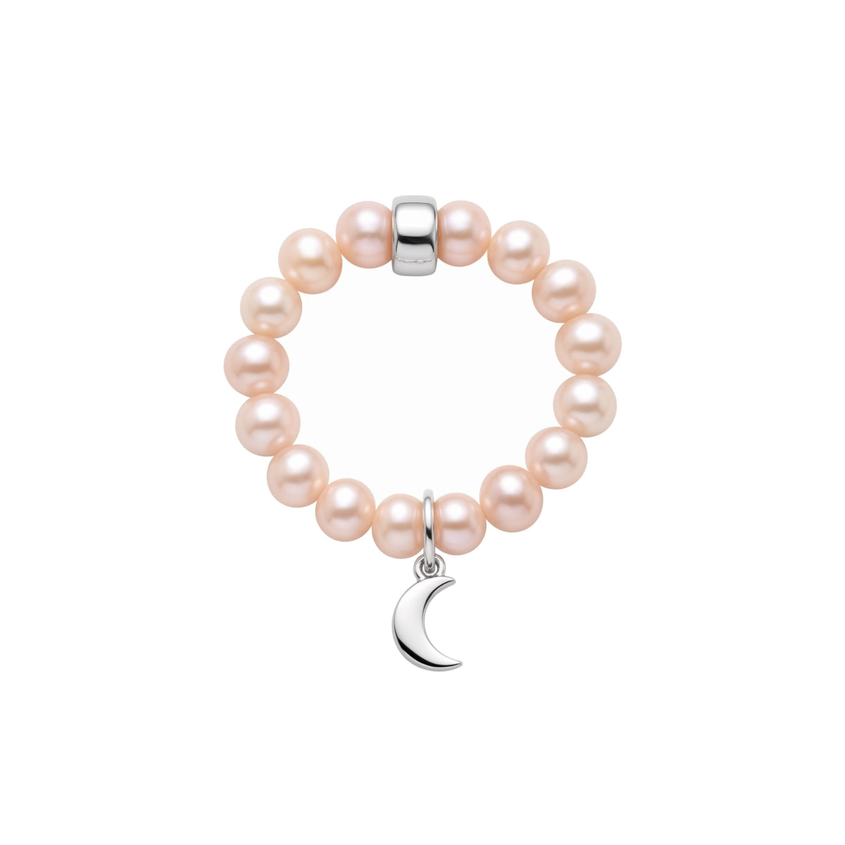 Anello elastico in argento 925 con perla Freshwater rosa 5-5,5 mm e charm luna — MIMÍ Milano